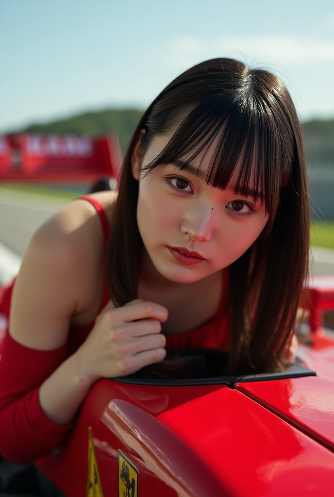 <lora:KaedeKarenSFW:0.7>, karen, 1girl, realistic, solo, shirt, mole, blurry, looking at viewer, red shirt, car, day, lips