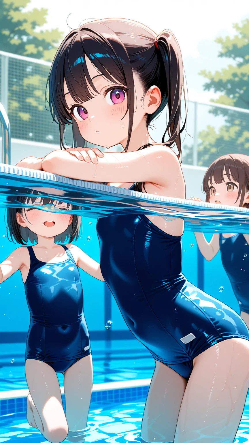 Highest quality、High resolution、Detailed Background、(Beautiful face in every detail:1.4)、Anatomically correct、(Detailed facial expressions)、(fine grain:1.2)、8-year-old beauty、cuteカラーの髪色、Braided Ponytail、Braided bob cut、Braided twin tails、Navy School Swimsuit、(Flat Chest)、Perfect body line、Thick thighs、Please show me your whole body、
(Five beautiful girls in school swimsuits having fun in the school pool:1.5)、
Big smile、Laughing with your mouth open、My whole body is wet、My hair is wet too、Fun atmosphere、Embrace each other、cute仕草、cute