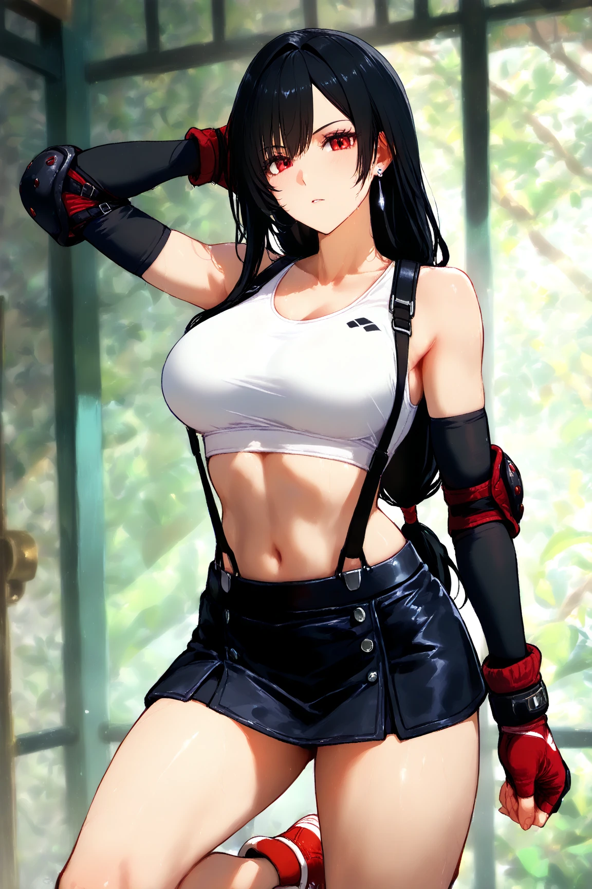 (Girl1,triangle face,red eyes,black hair,top Knot hairstyle,black tank,short pants,standing,upper body),anatomical correct, textured skin,super detail,high quality,high details,best quality,highres,UHD,1080P