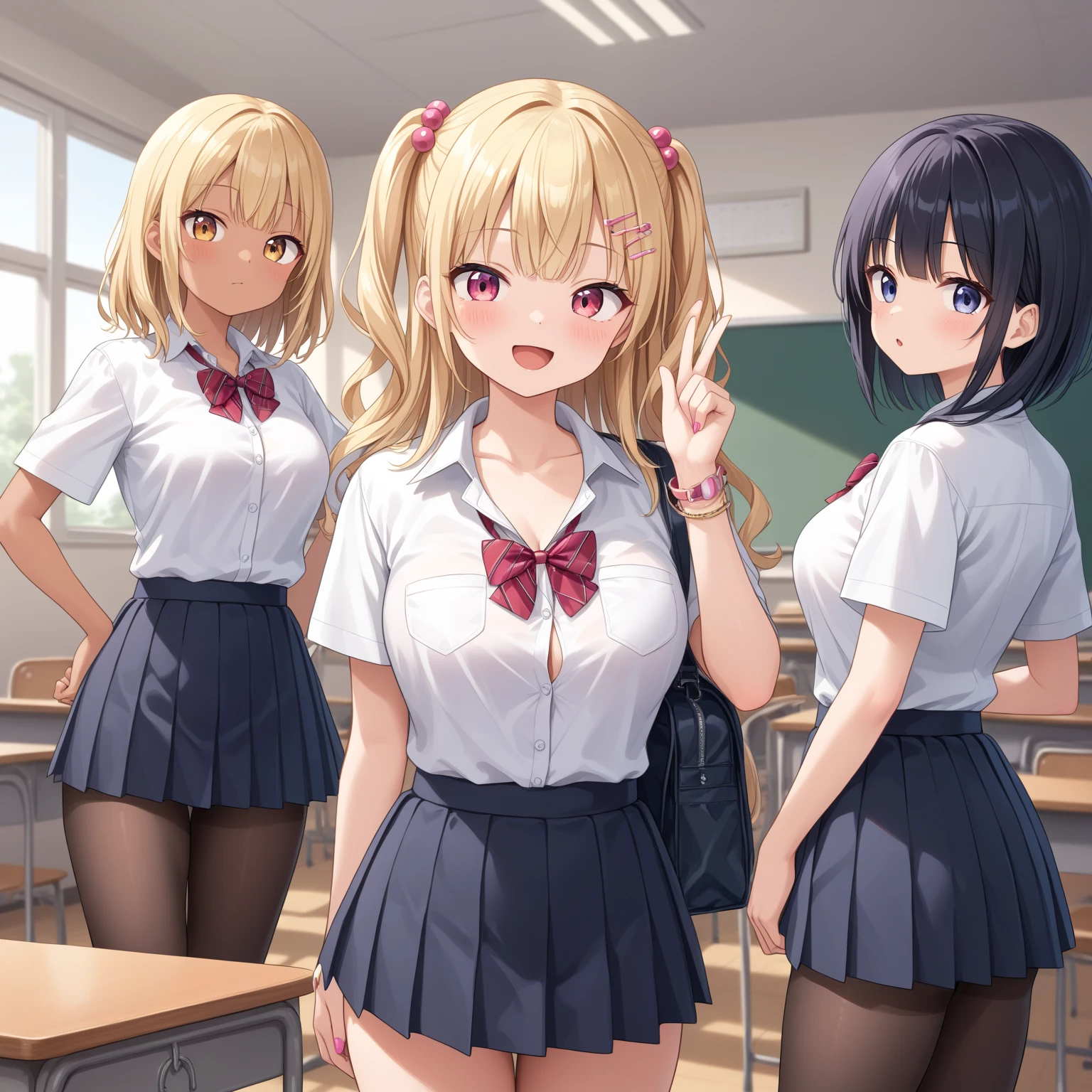 masterpiece, Highest quality, In detail, 5, (beautiful girl), cute, (tits), (A group of high school girls tucking up their skirts to show their panties.), multiple