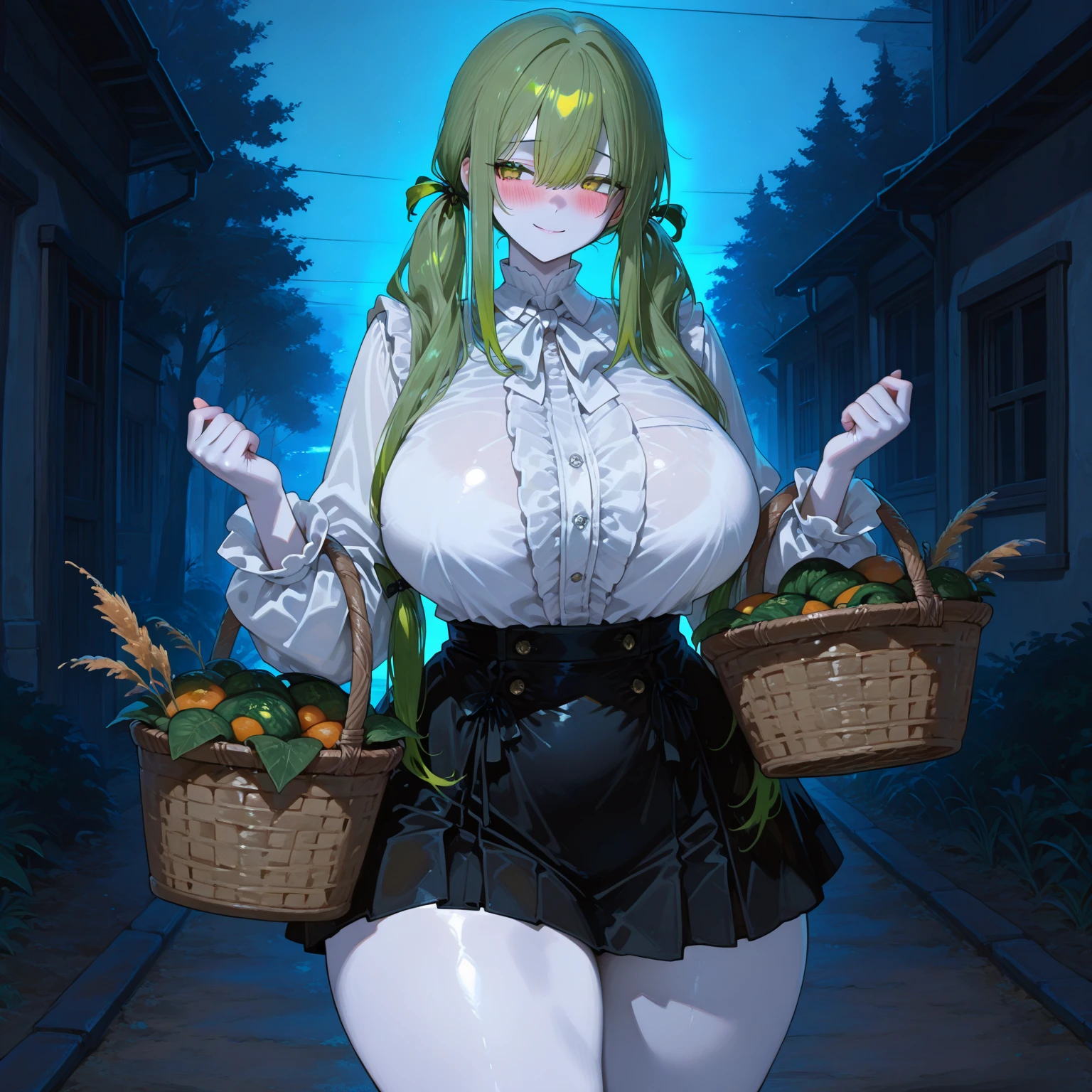 (Eggplant field),(eggplant-shaped hat on the head:1.2),(Eggplant Fairy:1.2),blush,Chibi,cute,girl,happy look,(Clear sky without a single cloud:1.3),(lots of large water droplets:1.3),(protruding breasts:1.3),(big breasts:1.25),(NSFW:1.0),(A dress with lots of eggplants on it:1.3),(An eggplant grows out of its head like an antenna.:1.5),