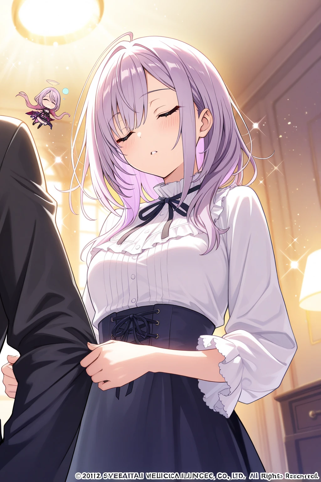 naked, blush, surprised expression, heart eyes, long hair, trembling body, white dress shirt, black microskirt , necktie, silver hair, purple eyes, NSFW