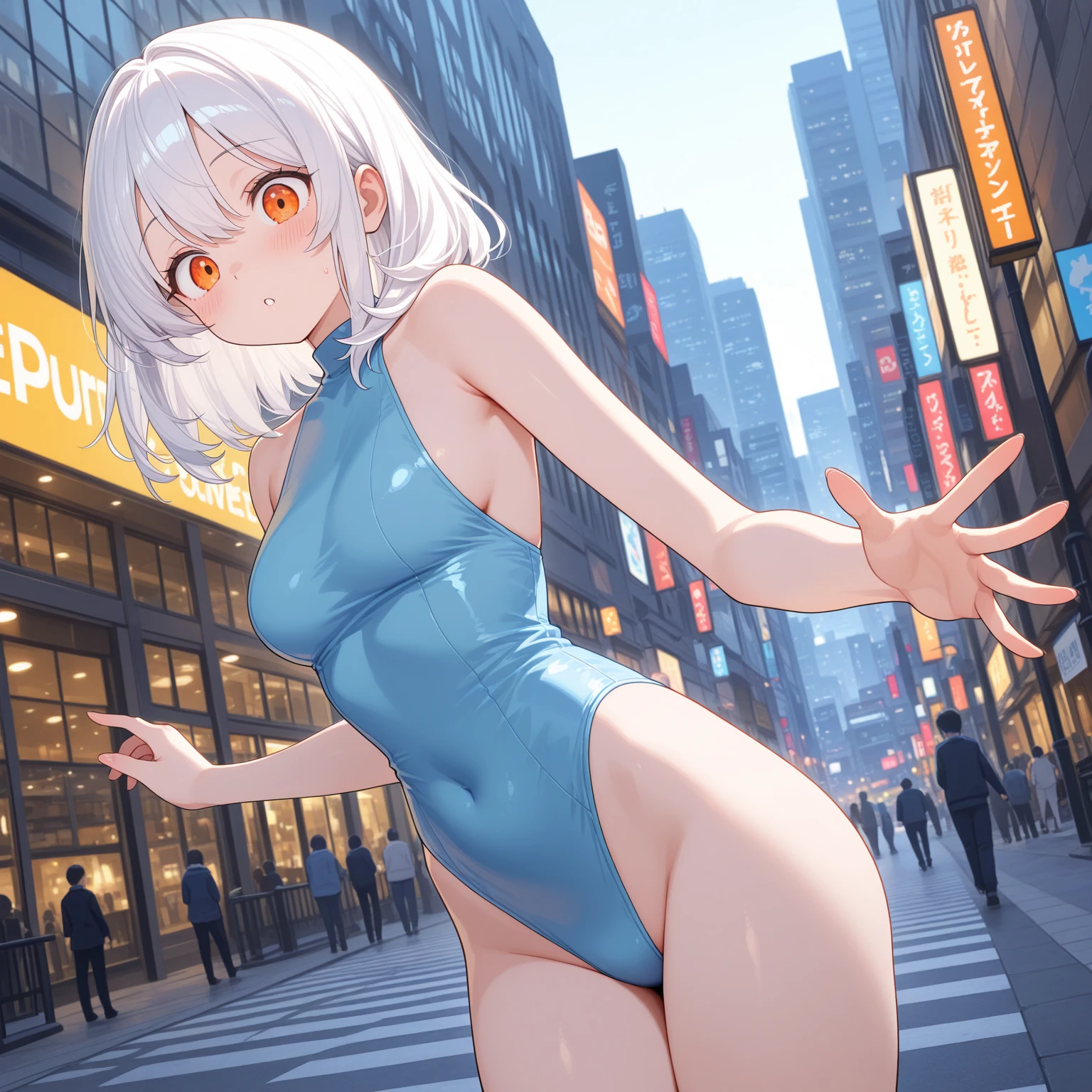 giantess art, highly detailed giantess shot, giantess, most detailed, perfect face, two legs, five fingers, short hair, beautiful girl bigger than a skyscraper, wearing rimless glasses, smiling, huge breasts, swimsuit, bikini underboob, navel, stiletto heels, under heavy attack, very small metropolis, miniature metropolis, full body depiction, GTS, giga giant, trampling city, crush city, tiny city, micro city, high resolution, best quality, masterpiece,