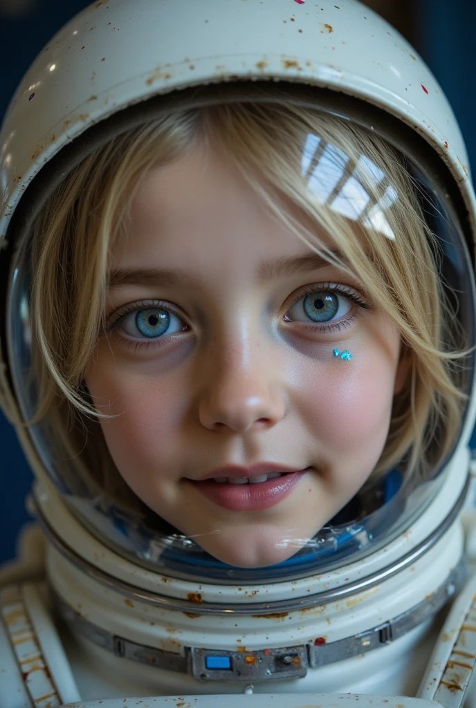 em frente a uma luz azul, beautiful girl RUSSIAN CHILD BLONDE HAIR hairbun, olhos brilhantes, olhos perfeitos, 10 anos. numa superficie lunar, com roupa de astronauta