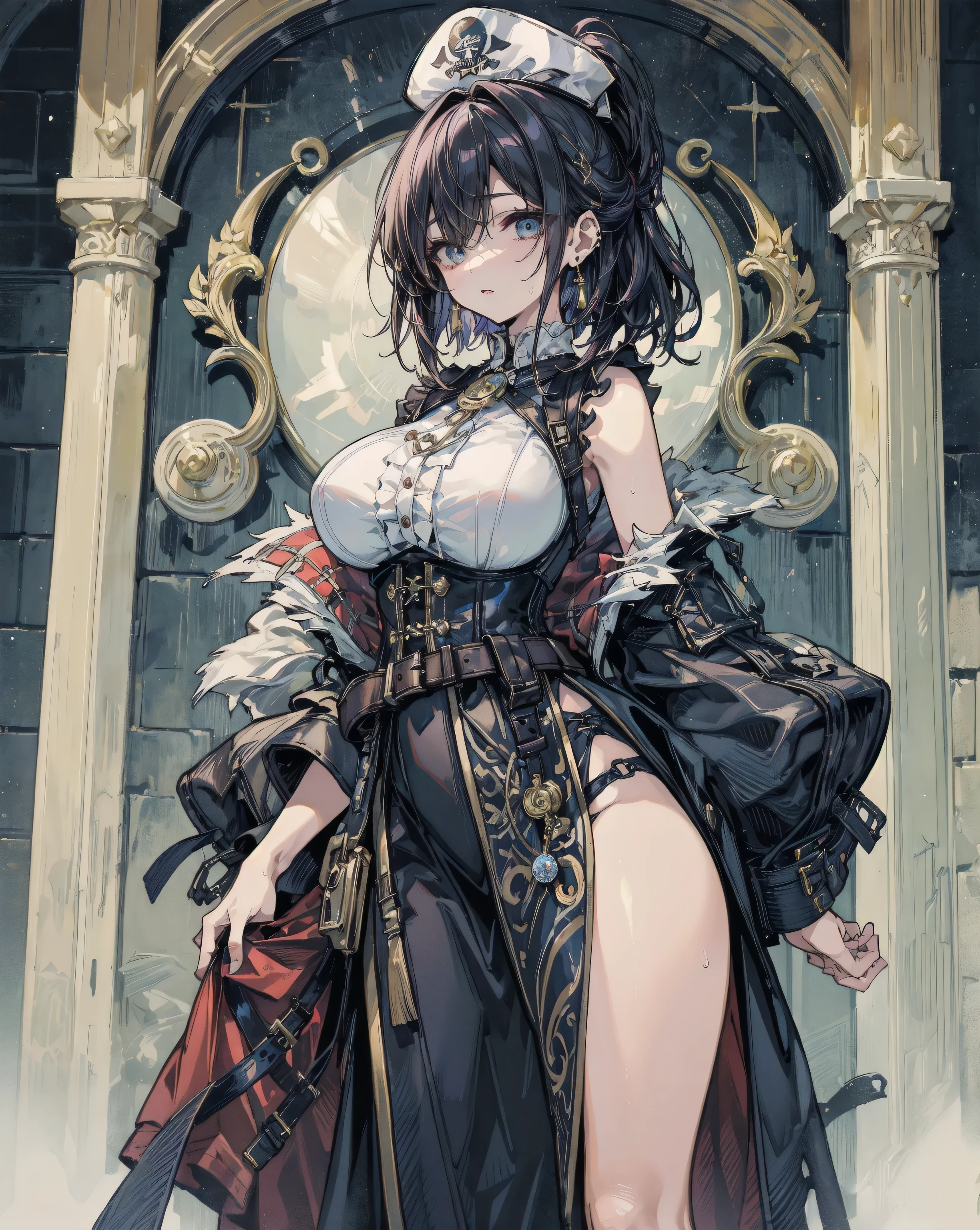 Game art design, Octopath Traveler 2, 1 girl, serpent throne, (One:1.4), (Behind:1.4), 1 girl, black hair, big breasts, split, sheer bare ass, thick bare thighs, thin waist, clavicle, a corset, Purple clothes, dagger, high heel boots, Jewelry, knee high boots, NECKLACE, short hair poncho, side slit, dynamic pose, very detailed face and eyes, absurd, Beautiful shade and lighting, ambient occlusion, shady alley background