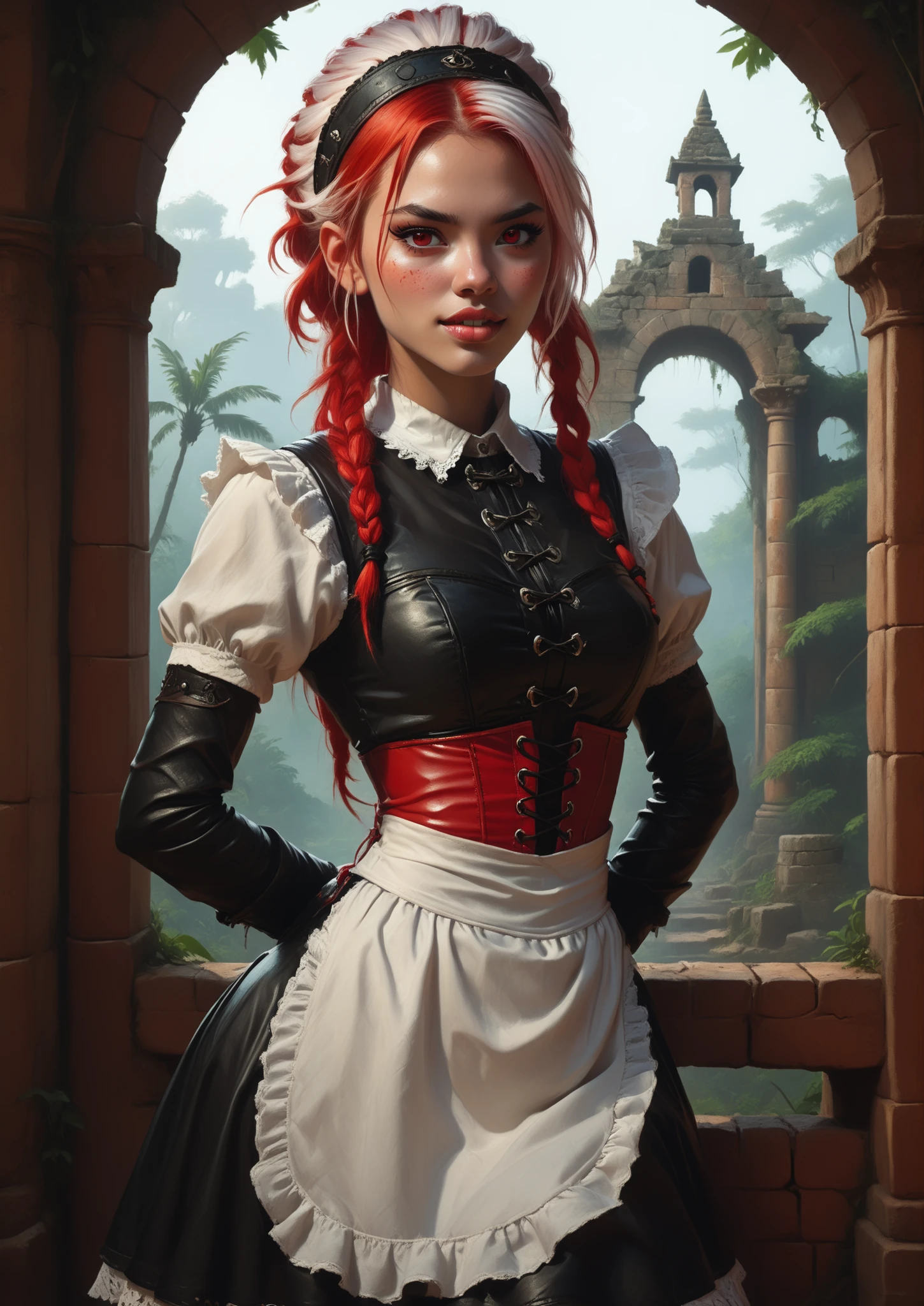 Slender body. Lean body-type. Marble-White skin. Cute 18-year-old Aztec and Indonesian girl with Asian red eyes and unnaturally sharp teeth and dreadlocks (bi-coloured hair: white and red hair; white highlights in her hair). Small head. Intense red eyes. Sharp and shark-like teeth. She has a cute and beautiful face. She has a cute and broad nose. She has a round and young face with a pointy chin. Her body is athletic with abs and A-Cup. She wears an intricate, shiny, black leather maid-dress with tight-laced red corset (Spanish-style) and a maid-headband. Background: medieval jungle ruins. Realistic lighting. DnD art-style. fake box art, semi-realistic, Looking at the viewer. Drawn like the artist Bob Kehl.
