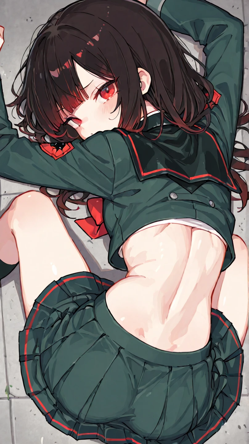 Highest quality,masterpiece,8K,1girl,((big breasts:1.3)),((orgasm,blush,saliva,saliva trail:1.3)),angry, sweat,mini skirt,lift skirt,upskirt,mizuki yukikaze,hair ribbon, green shirt, serafuku, white neckerchief, long sleeves, pleated skirt, black skirt, black thighhighs,pussy juice,bedroom,bed,sleep,on stomach,((from behind,on back:1.3)),open legs,((vaginale,Sex,excessive cum,penis:1.3)),man