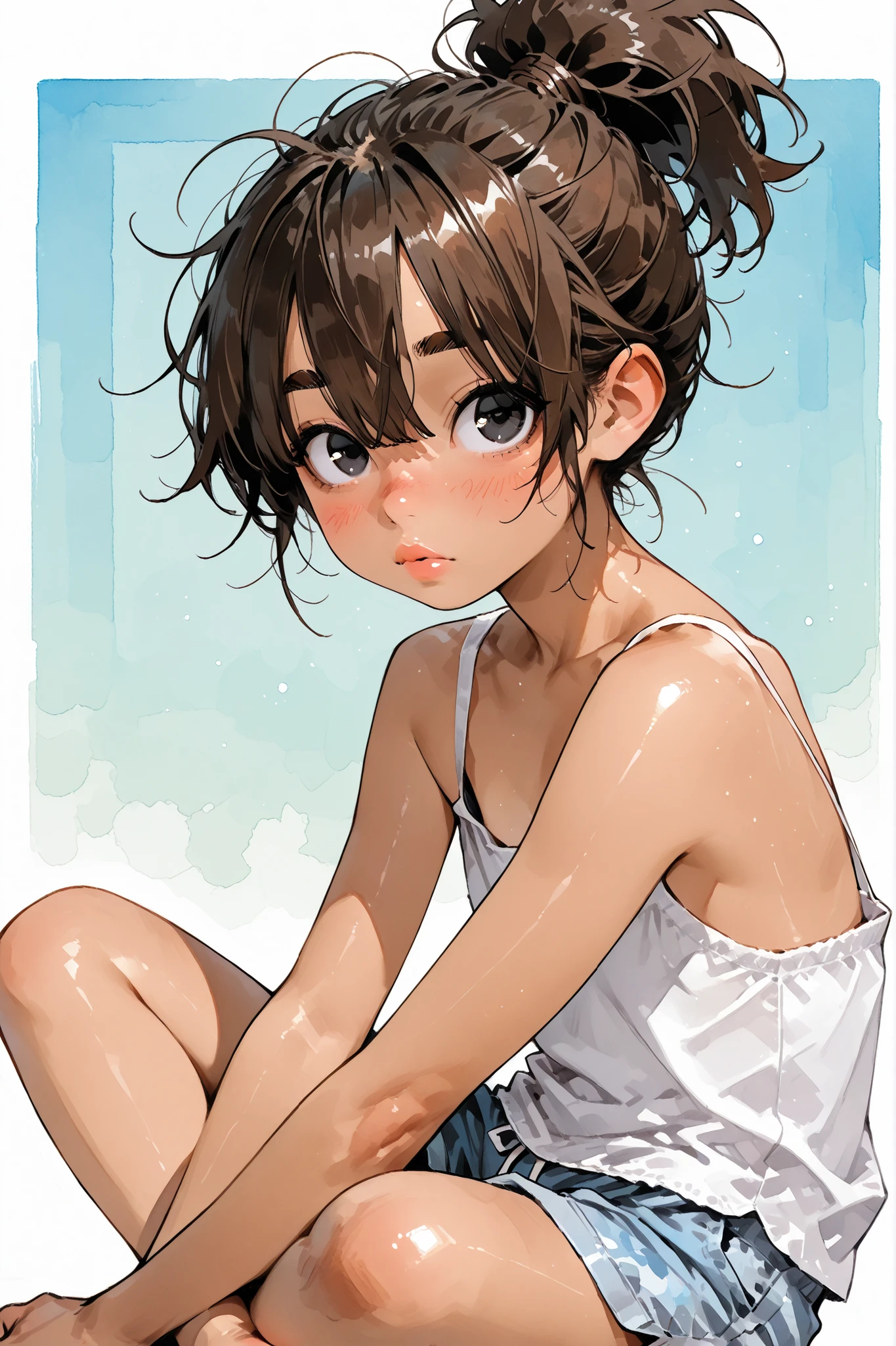 1girl,Super Detailed,absolute resolution,(dynamic angles),(tanned skin:0.5),(tanlines:0.3),(portrait),(pinup),from side, Beside viewer, 
sitting,[[crossed ankles]],
white Spaghetti Strap Camisole,(untucked camisole),skyblue board shorts,barefoot,
detailed and beautiful face and eyes,black eyes,big eyes,(Freckles:0.7),(Thick lips:0.8),((Thick eyebrows)),Japanese girl,flat chest,(round nose:0.5), 
brown hair, high ponytail,short ponytail,choppy bangs,hair over both eyes,messy hair, 
(blush:0.8),(nose blush:0.8),,(parted lips:0.7),Watercolor anime,



