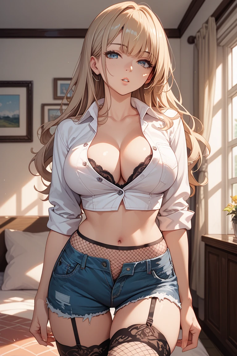 best quality,ultra-detailed,high resolution,extremely detailed cg,anime picture,unity 8k wallpaper,3d rendering,(realistic:1.5),
blond hair,blue eyes,long hair,ripped shorts,white shirt,purse,navel,looking at viewer,hair ornament,smile,pov doorway,open mouth,denim,x hair ornament,cyberpunk,