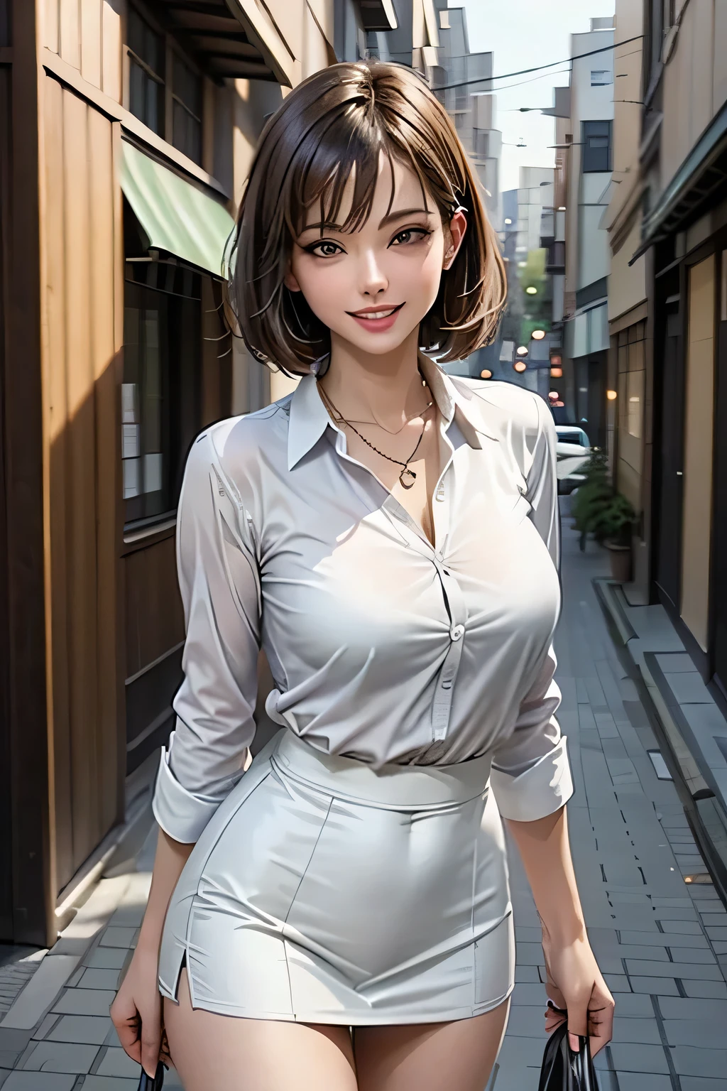 (8k, highest quality, masterpiece: 1.2), (Realistic, Realistic: 1.3), Very detailed, 1 girl, Mid-chest, Beautifully detailed skies, Detailed Cafe, night, (blush), (smile: 1.15), (Mouth closed), (Collared shirt: 1.1), night, Wet, Office Clothes, rain, White lace, (short hair: 1.2), Floating hair , Random sexy poses,Bare chest