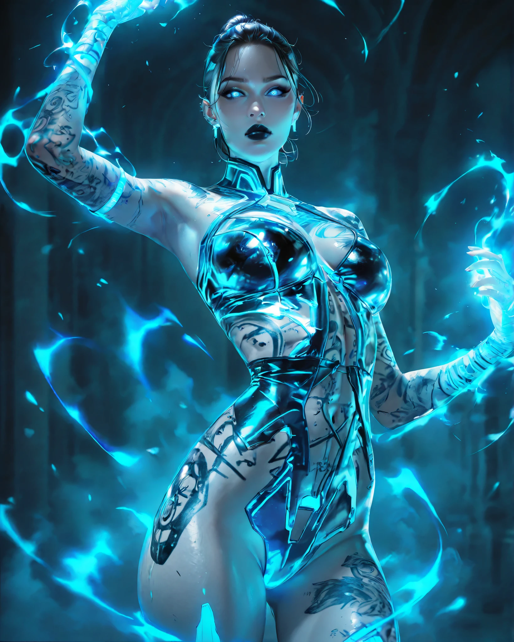Photograph, photorealistic, 1woman, solo, , cowboy shot, dynamic pose, jackme3xl, black lips, tattoo, short hair, ponytail ,ear piercing, glowing blue eyes, standing, looking at viewer, skimpy wrappings,blue energy,blue aura, <lora:JackME3-147:0.8>, 