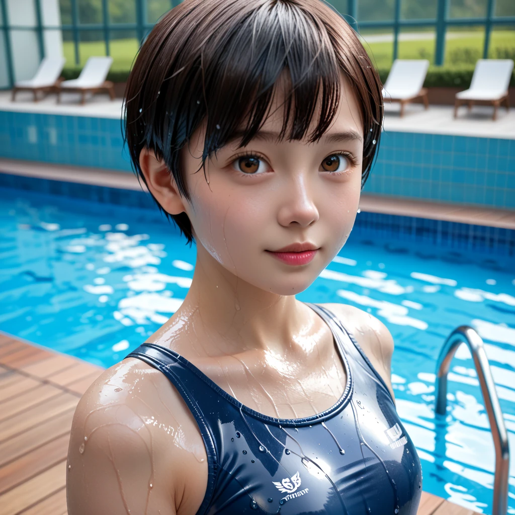 highest quality, RAW Photos, Realistic, face, Incredibly beautiful girl, cute, length Hair,ponytail，Glasses，Written boundary depth, High resolution, Super detailed, detailed, Very detaileded, extremely detaileded eye and face, Sharp pupils, Realistic students, Sharp focus, Cinema Lighting, Japanese, Short Woman,  Physical build, Short arms, length, Narrow eyes, Fleeting atmosphere, 30 years old, Brown bob hair, ((thin lips)), White top and bottom underwear, masterpiece, highest quality, Detailed skin, Detailed face, fine grain, 8k, Excellent anatomy, Upper body portrait，flat breasts, small breasts, small,( small bust: 1.2), small bust, (slim, small, flat, small), thin, Delicate and sexy collarbone, One Girl, (beautiful girl, Delicate girl:1.3), (15 years old:1.3),
break, (One Piece Swimwear, Swimwear:1.2),
break, (Pool:1.3),
break, Very beautiful eyes, (Symmetrical eyes:1.3),
break, , Brown eyes, Parted bangs, Brown Hair, (Upper teeth, The best smile:0.2),
break, (Eyes and face detail:1.0),
break, (masterpiece, highest quality, Super detailed, Detailed face, 8k)