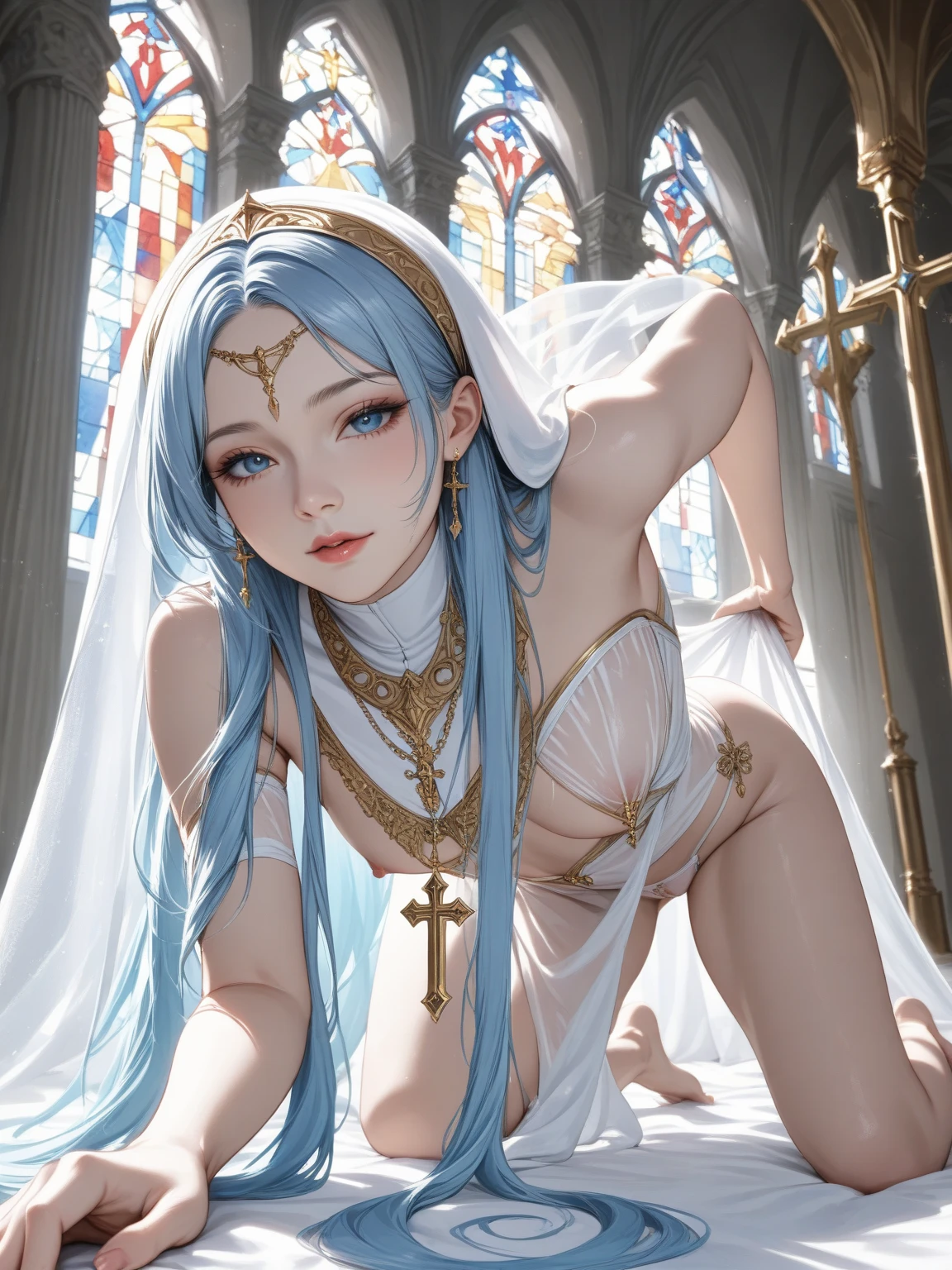 A tall and beautiful elf woman, with yellow pupils, aroused, pale skin, transparent veil, white long flowing hair, showing her chest and shoulders , showing her navel and thighs, looking up at the camera, laying down. cum on face, cum, cum on body, vaginal sex, missionary, one boob naked, big breasts, large hips,