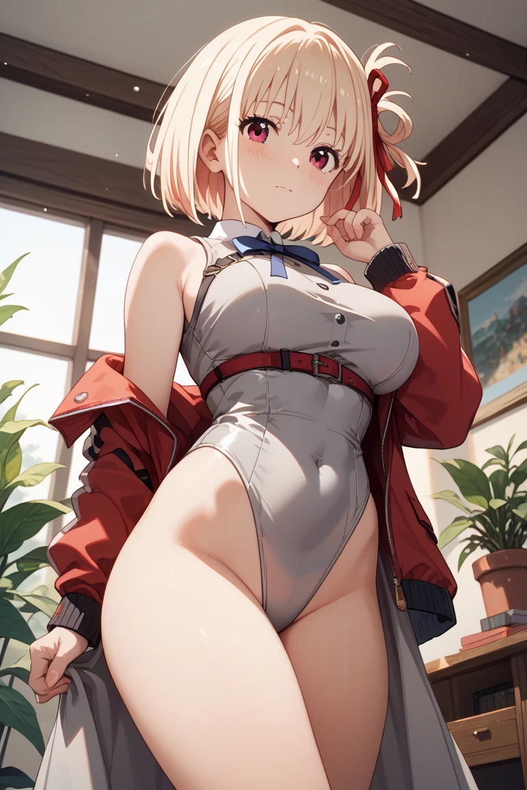 Blonde Hair、Red ribbon、Bob Hair、Pussy、naked、whole body、Perfect Fingers、Medium chest、Pink areola、M-shaped legs、blush