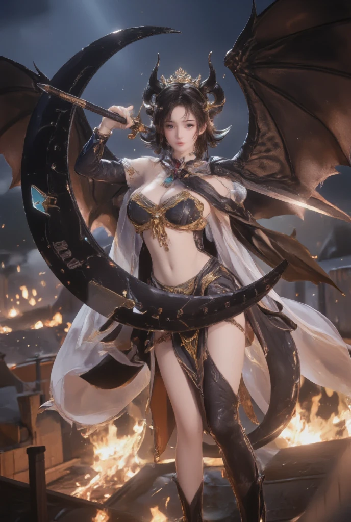 Professional , masterpiece、top-quality、photos realistic , depth of fields 、(A dark-haired) 、(Gemstone Pink Metal Body:1.4),(Matte Pink White、Jewel Gold Weapon、(maikurobikini),Gorgeous metal weapons ,Particles of light、(Fight dragons)、(Black wings)、(( Detailed and gorgeous sword of the brave)) ,Light Effects、intense fighting、Wind-effect、magic circles、 (A dark-haired) ,Fight legions of soldiers in skeleton armor 、With the legendary magic wand、Dragon's tail、explosions、((maikurobikini))、((Gangle's forest background))、Beautiful Caucasian beauty、1a person、dynamic ungle,(((Details of the two demon horns on the head)))、Smaller head、A smile、Background inside the castle、Thin and beautiful female hands、cleavage of the breast、Mystical expression、Light Effects、Wind-effect、(wingspan)、Toostock、Anatomically correct body、Battle Pose、