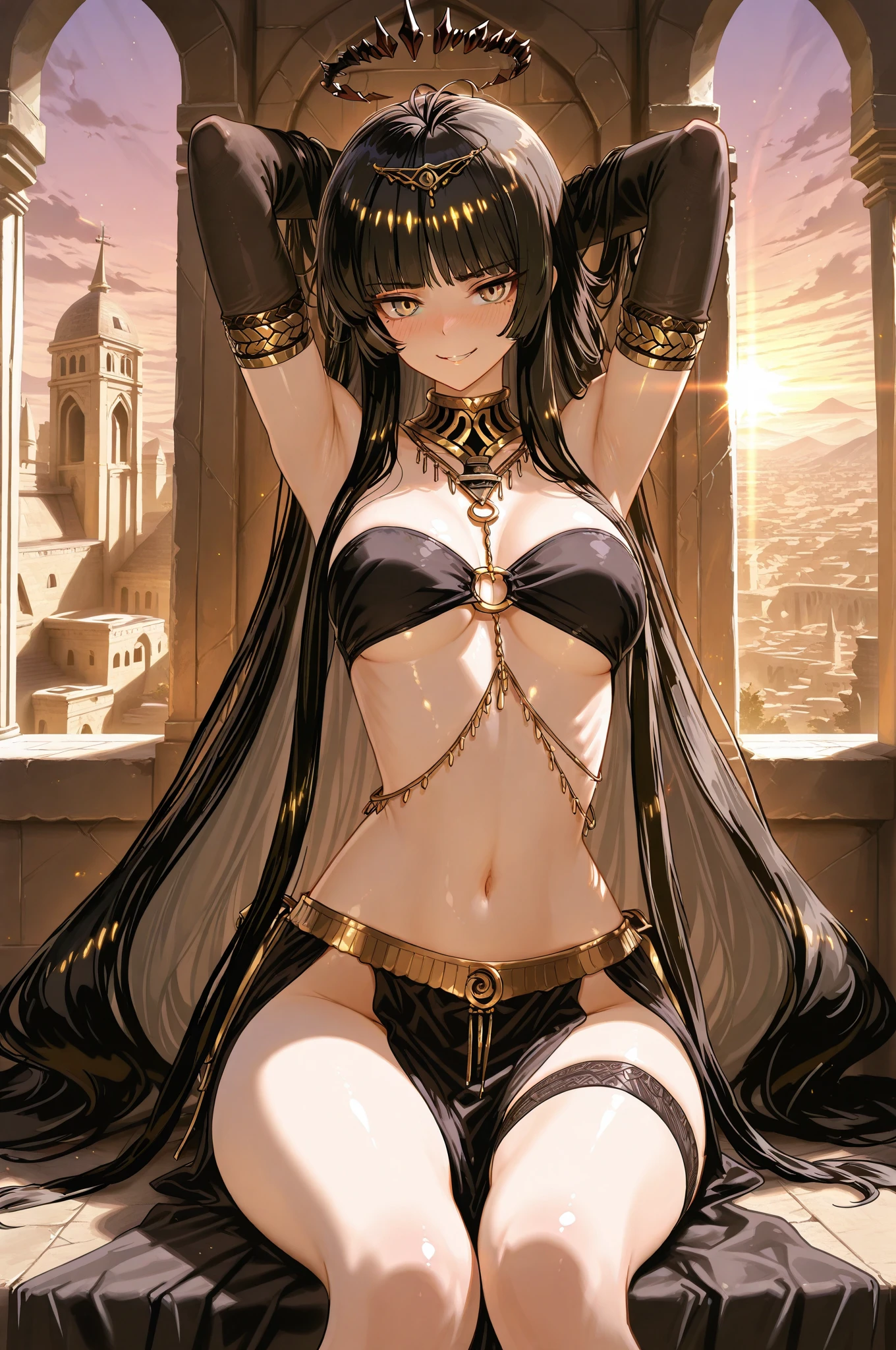 Masterpiece, best quality, (at night), long black hair, ponytail, halo, bangs, yellow eyes, ((belly dancer outfit)), big tits, slim waist, nice belly, (see through nipples), showing armpits, blushing, little smile, (looking down, looking at viewer), from below, warm lighting