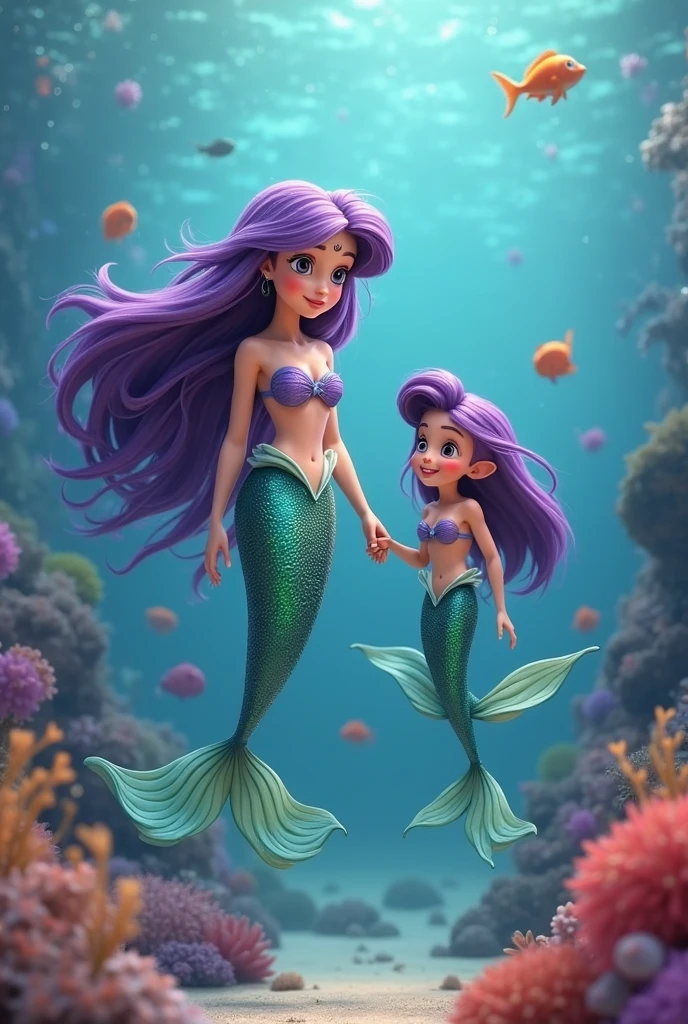 Three mermaids swimming in the sea, blue scales, There are fine scales below the neck, silver hair, Fitted arm sleeves, Earlobes are fins, Caudal fin expansion
