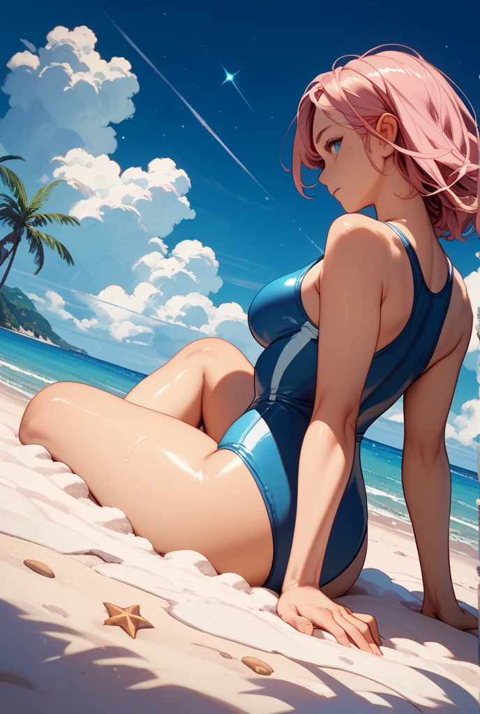 (best quality:1.3), Ashido Mine por boku no hero, (cabelo rosa), sbikini, peituda, clivagem, sedutora, sexy, body curvy, bunda grande, peitos grandes, (praia), (Pose: ahegao)