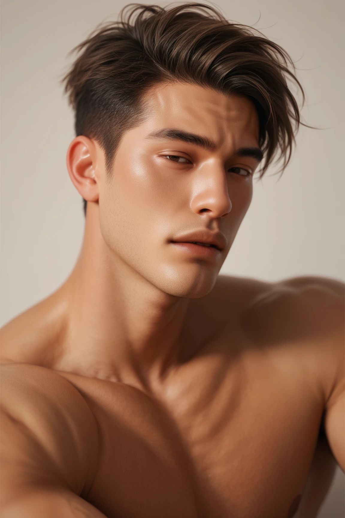a 25 year old man with pale skin, abs, natural skin textures and lines, beautiful eyes, highly detailed lighting, amazing hair, extremely detailed face and eyes, portrait,japon