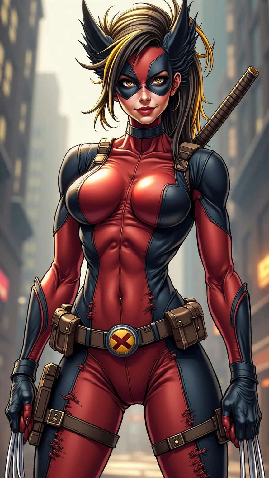 Woman in tight tactical superheroe suit black and pink. Big boobs. Atlhetic muscular action heroine. Fighting the crime. Slim young and very pretty. Hard woman. Blonde. Short hair. Intense and big blue eyes. Armed with very big guns. She is running for her life. Enemies are firing like hell. Breast exposed. Pubis expoded