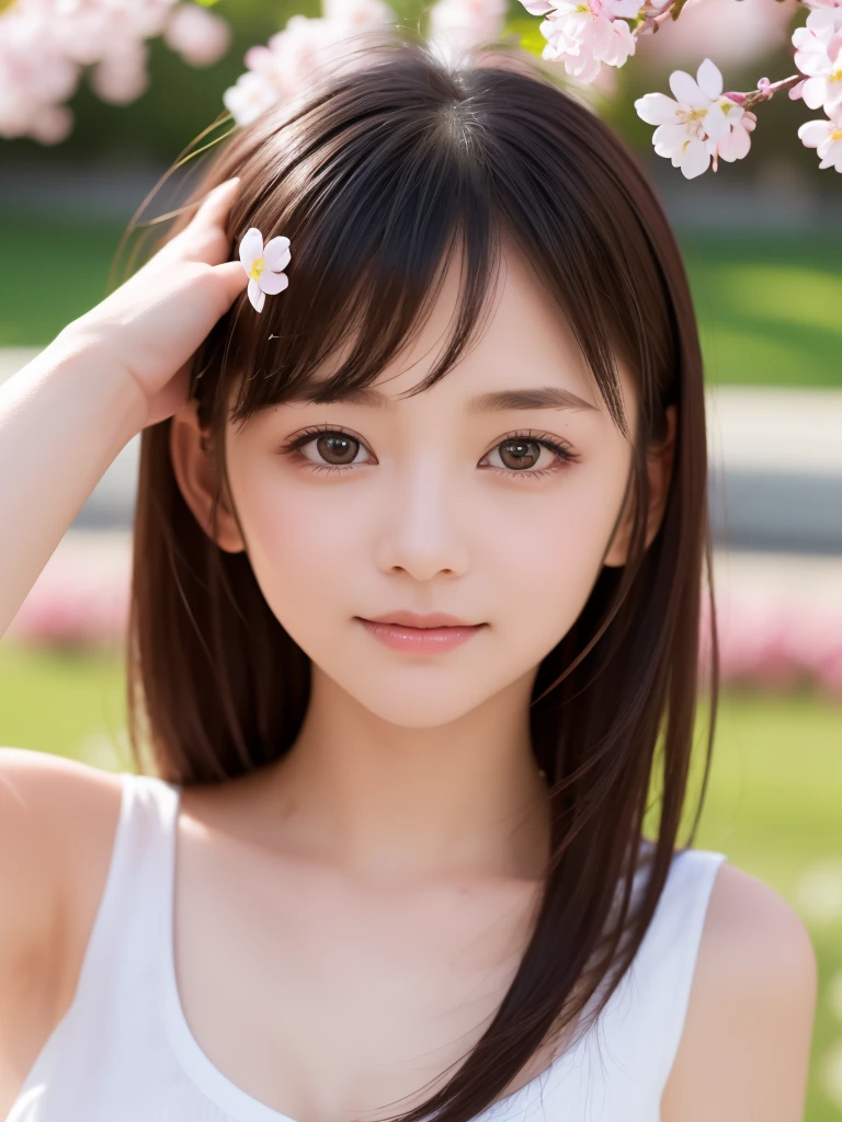 Masterpiece, Best quality, 8k, 18 ans, Photo brute, absurdes, Award-winning portrait, sourire, sourire, pure, french, pink black white dress, spring, , orchard in bloom, Italian, elegant,, sitting, tidy hair