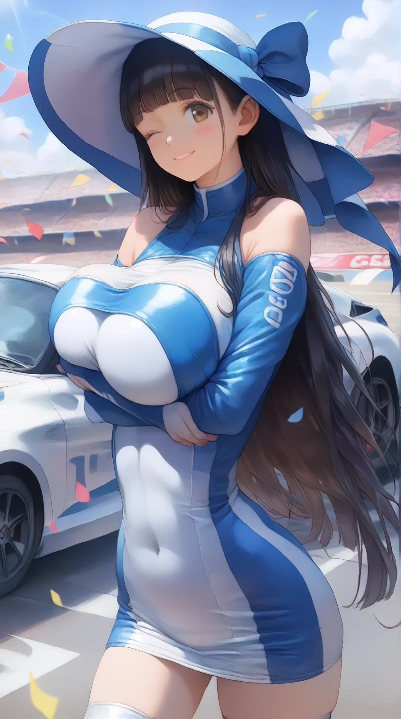 Highest quality、super high quality、16K, topless、Nipples、Breast size is random、Facial expressions are random、Location is a road、 Hair color is blue、pose is sitting、The distance is random、The angle is from the top、Small face、Very delicate facial expressions、Delicate eye depiction、Highly detailed hair、Erotic、18-year-old female、Glowing Skin、Soft Skin、Lower Body、The only sexy Japanese woman、Race queen outfit random、