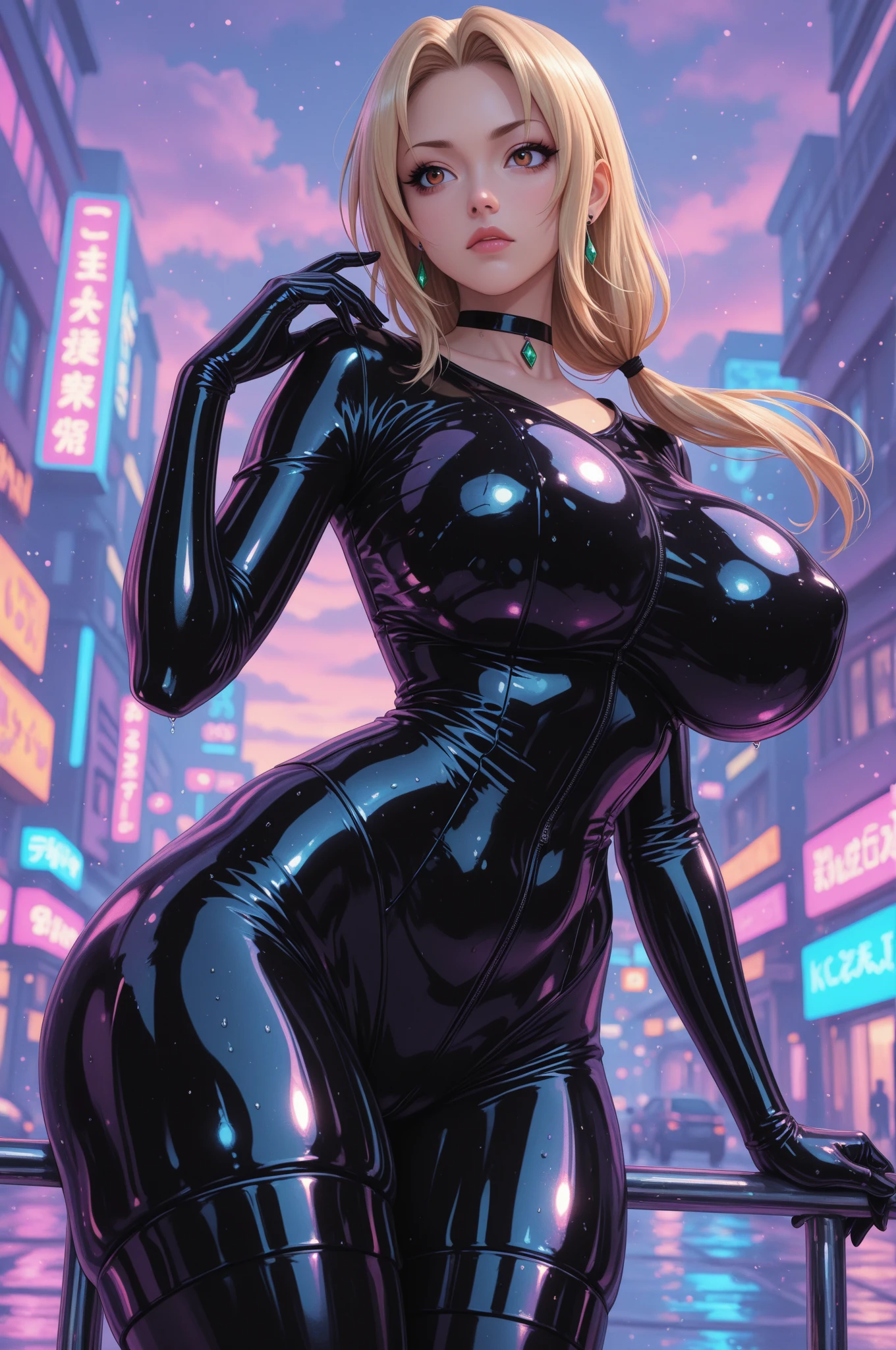 Beautiful Power Girl (DC comics), sexy, pinup, view from behind, low angle, dutch angle, shapely backside, Skin tight lowrider pants, black latex top, high heels, neon, clubbing, nightclub, (masterpiece, 8k, ultra realistic, UHD, best quality, 4k, highly detailed, realistic, dynamic)