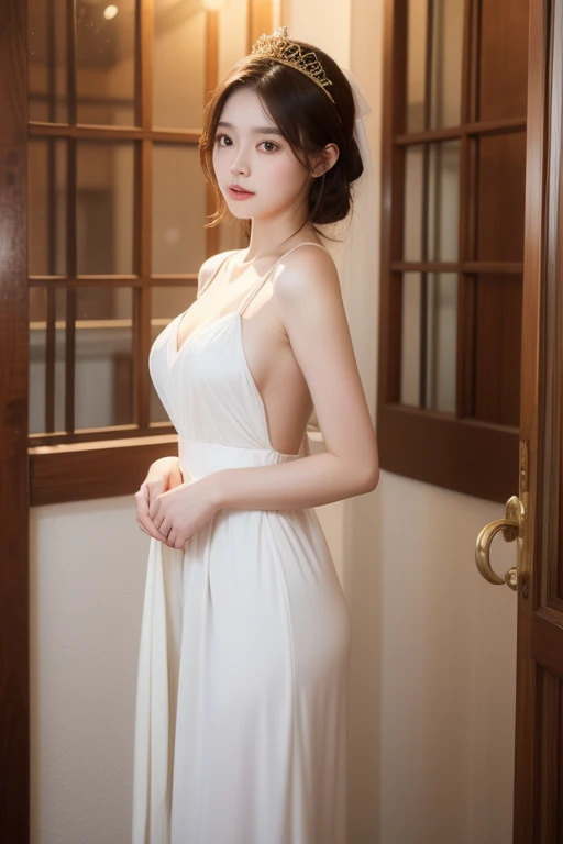 ((addielyn))、Random posture、(extremely delicate and beautiful work)、(masterpiece)、One girl、Highly Detailed Elegant Wedding Dresses、tiarra、A highly detailed、Warped ponytail、A charming expression、Beautiful and clear eyes、Green pupil、delicate necklaces、Delicate earrings、Simple blurry background、Description of extreme details、Beautiful fece、A charming、Ultra-fine painting、delicated face、Delicate figure、large full breasts、thin clavicle、Beautiful lips、Soft back view、mix4、(8K、Raw photography、top-quality、masterpiece:1.2), (reallistic, Photorealsitic:1.37),1girl in,Cute,Cityscape, natta, Sateen, Wetty, Professional Lighting, Photon mapping, Radio City, physically-based renderingt, above waist、The most beautiful in the world、乃木坂アイドル、韓国アイドル、hposing Gravure Idol、女優、