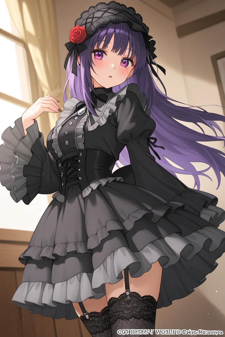 15-year-old girl, ((gothic lolita fashion))、(Indigo hair color、Purple inner color hairstyle、Hair expressed with a delicate touch), Beautiful Hair, Facial Contour, Remember, Cafe, splash, Lens flare、sunlight、illumination、Natural Color, High resolution, Very delicate, Very detailed, 8k,（Breast size around B cup）、Shyness,((Sexual)),((Sexy feeling)),Angle of view from the foot