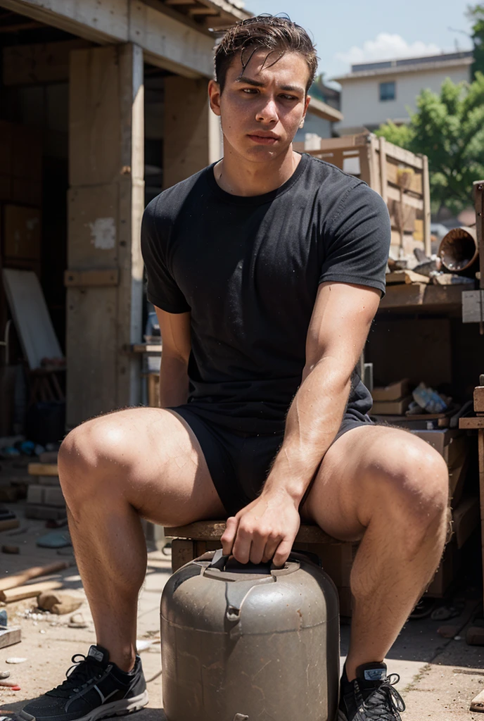 (50 yo), Chris Redfield from Resident evil village, wearing a tank top and sport shorts, bulge, (beefy:1.3), beard, looking at viewer, beautiful man, detailed eyes, symmetric face, smirk, underbelly naked, robust, greying hair, black socks, no shoes, xxl erected penis, cumming, sperms everywhere, full body image, sweaty