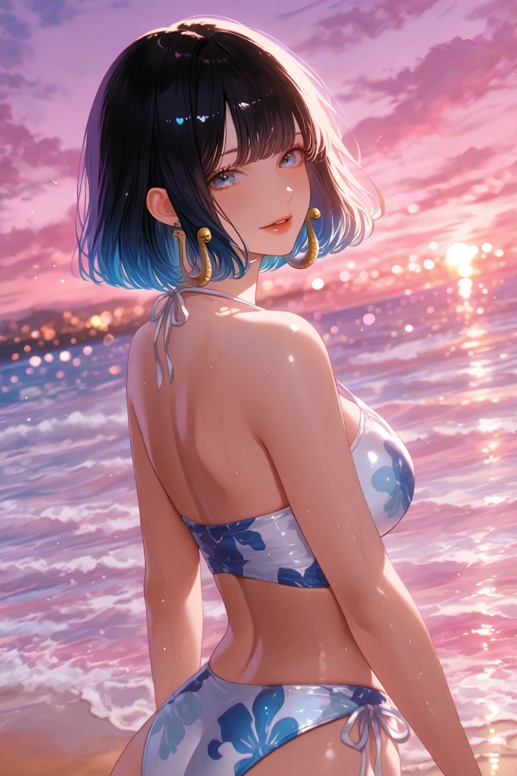 swimsuit, bikini, short_hair, medium_breasts, medium_hair, small_breasts, sweater, beautiful, masterpiece, bright colors, simple background, perfect lighting, perfect shadows, perfect eyes, perfect hair, perfect body, looking at the viewer, heart-shaped pupils, standing, slim, standing with your back to the viewer, best quality, detailed image, colorful, gorgeous body, hourglass body, standing your booty directly towards the viewer, standing backwards, unbelievably shiny body, one girl, one character, solo, 1girl, beautiful, masterpiece, detailed image, colorful, detailed face, perfect lighting, perfect shadows, perfect eyes, girl focus, perfect hair, flawless face, shiny body, 1girl, solo, center focus, incredibly shiny body