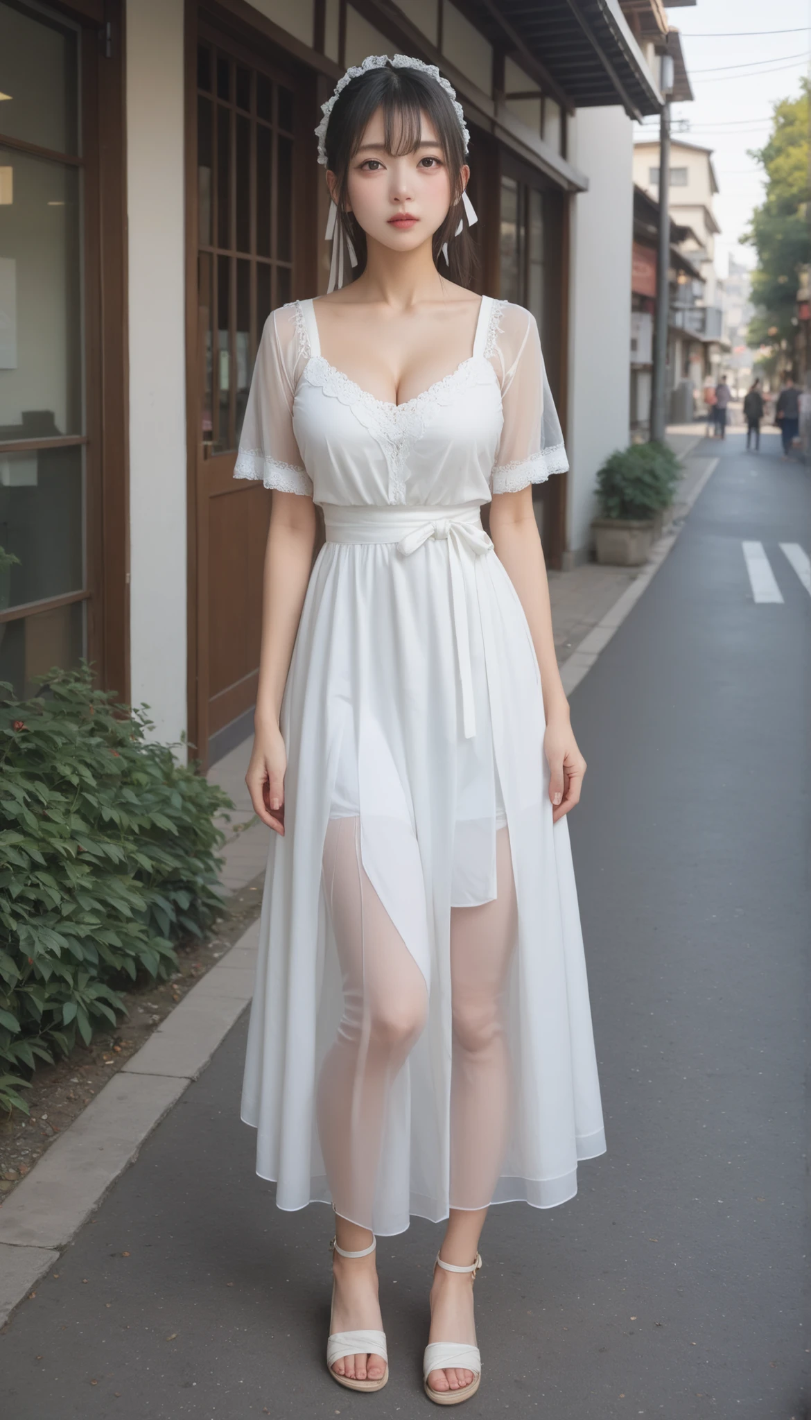 8K quality、High resolution、bride、Realistic skin texture、K-popのダンスポーズ、High resolutionの肌、、Princess Hair、thin、Small and young breasts、Open the mouth to reveal a realistic tongue、Beautiful cleavage、Gray Hair、blue eyes、thin脚、Blonde French braid、、Full Body Shot、
