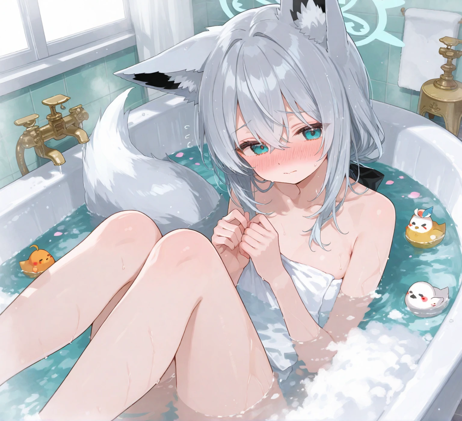 Thicc anime girl in a bathtub, cute, sexyrobutts, splash art anime , thicc, by Shitao, bubble bath, , top rated on pixiv, pixiv, 2b, best anime 4k konachan wallpaper, , guweiz on pixiv artstation, dog tail, cat ears, long weavy hair, top view, laying on stomach, looking at viewer, (ass up)
