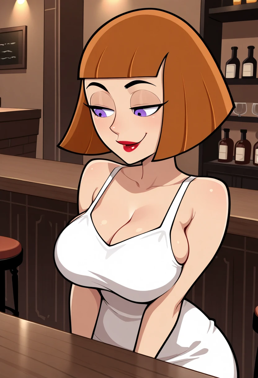 RanmaChan, cabelo vermelho, Braided hair, olhos azuis, olhos detalhados, Face do prazer, Coxas, seios grandes, corpo completo, pose vulgar, vulgar, seios vulgares, Decote muito grande, seios grandes,holding coffee, Leite materno,