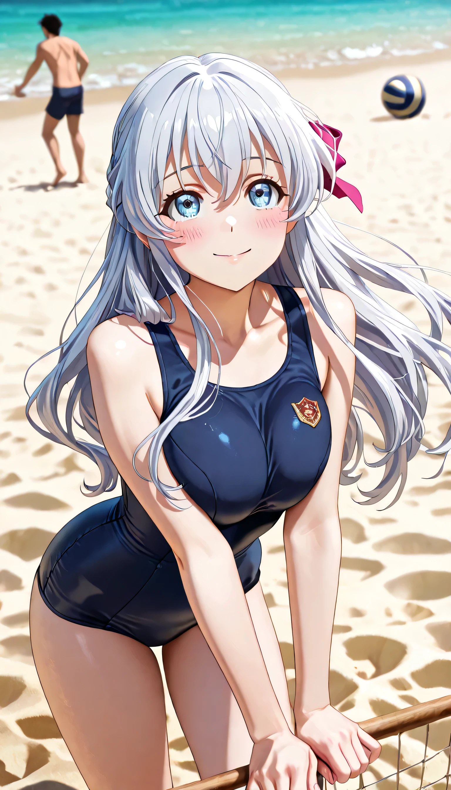 (ultra-detailed)), (highly detailed CG illustration), (best quality:1.2), ultra-highly detailed, colorful composition, artistic photoshoot, 1girl, solo focus, thigh to top, cowboy shot, moe anime character, round face, rounded chin:1.2, lora:volleyball-spike-ponyxl-lora-nochekaiser:1, celia-default, celia claire, short stature, blue eyes:1.3, sagging eyes:1.3, silver hair:1.3, long hair, half updo, hair ribbon with black, ample breasts, navy blue school swimsuit, smile:1.2, blush:1.3, jumping high into the air as she prepares to deliver a powerful spike. The dynamic motion and tension in her muscles are vividly captured. (Volleyball spikes:1.4), balls, (jumping:1.6), junp high:1.3, object, bouncing breasts:1.2, (beach volleyball:1.3), volleyball net, (in the beach:1.3),raise your arms:1.3, look up, from front, dynamic pose:1.6, contrapposto pose, flowing hair:1.2, best quality, expecting, pink cheek, blush, light pink gloss slip, portrait, depth of field, sunshine, backlight, shine, lighting, caustics, ray tracing, perfect face, lustrous skin, highly detailed face, highly detailed eyes, perfect face, perfect nose, perfect hair, perfect eyes, perfect anatomy, beautiful hair, beautiful small face, extremely detailed face, beautiful detailed eyes, beautiful clavicle, beautiful body, beautiful ample breasts, leavage, breasts squeezed together, equalize the size of the left and right breasts, beautiful thin thighs, beautiful legs, beautiful fingers, 4 fingers, 1 thumb, lovely, (very detailed background:1.0), (highly detailed background:1.0), summer aesthetic, intricate details, summer beach atmosphere, summer colors palette, chromatic aberration