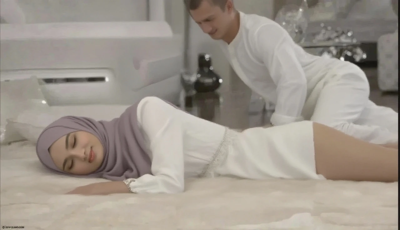 Pale skin nude woman in pink hijab licking foot of a African black man in bathroom view from side realistic photo photorealism realistic body normal body