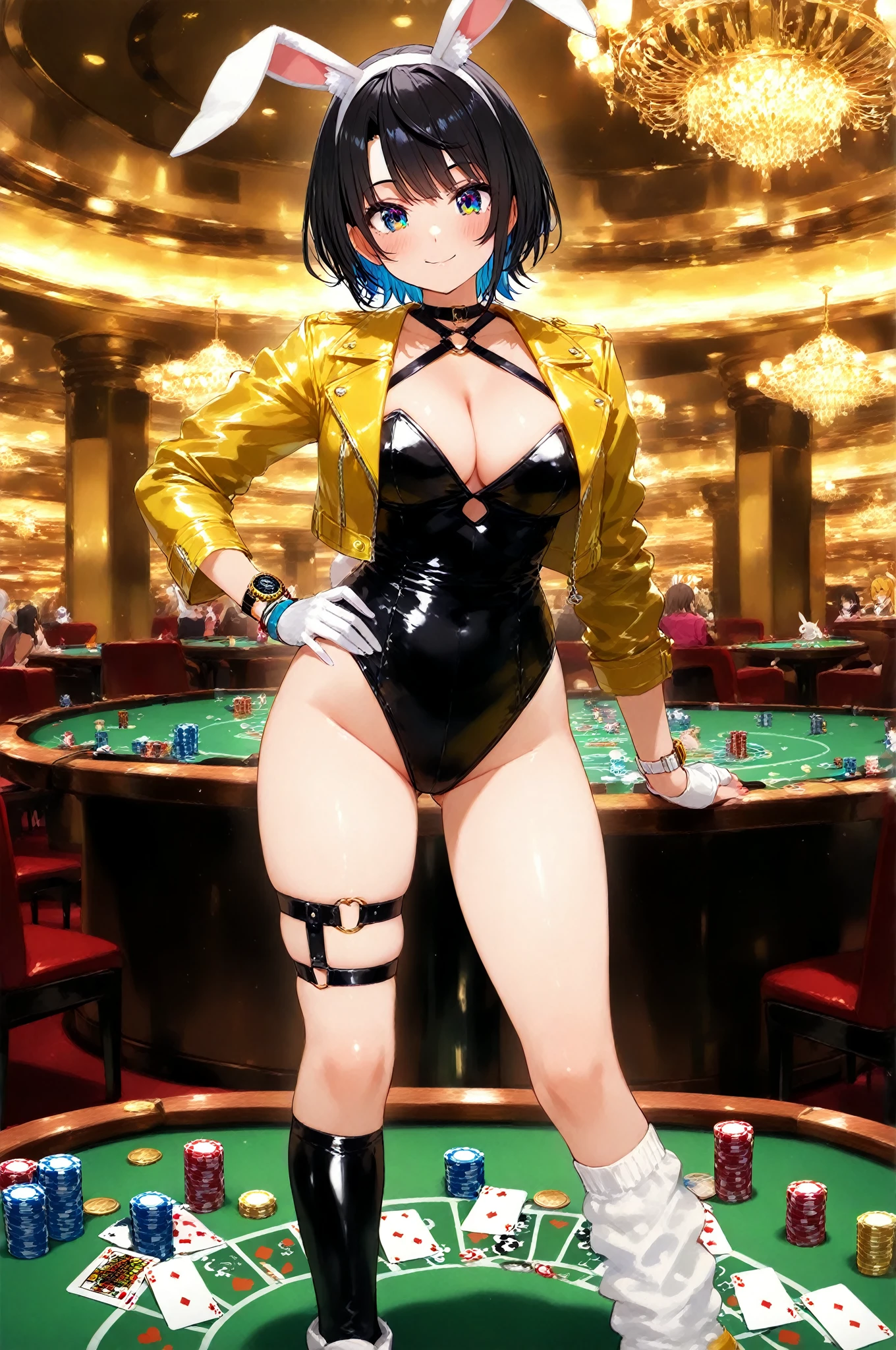 Goth anime girl Yelan (genshin impact) busty with thick thighs and big fat ass bigger than head and body with black and blue hair, in a casino party in playboy bunny suit back view