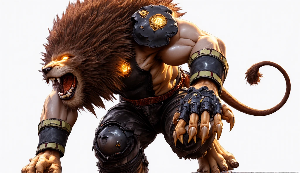 long yellow hair, red eyes, white teeth, muscular body covered in fur, long tail, chain necklace around the neck and chain bracelets on the wrists