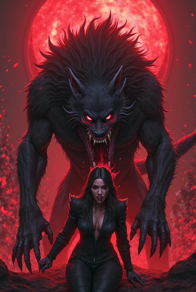 1 female werewolf, looking at the viewer, showing her vampire teeth, open mouth ready to bite, night with red moon in the background, fantasy, (realistic face), half body,