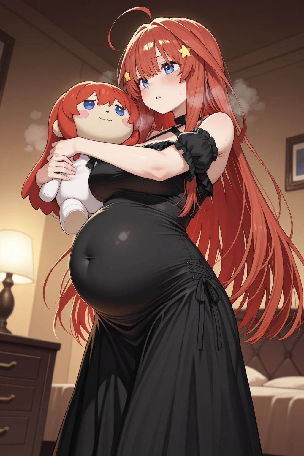 Beautiful pregnant female maid, mature, bunny ears, wants to have sex with me, cleavage, maid dress, orange hair
