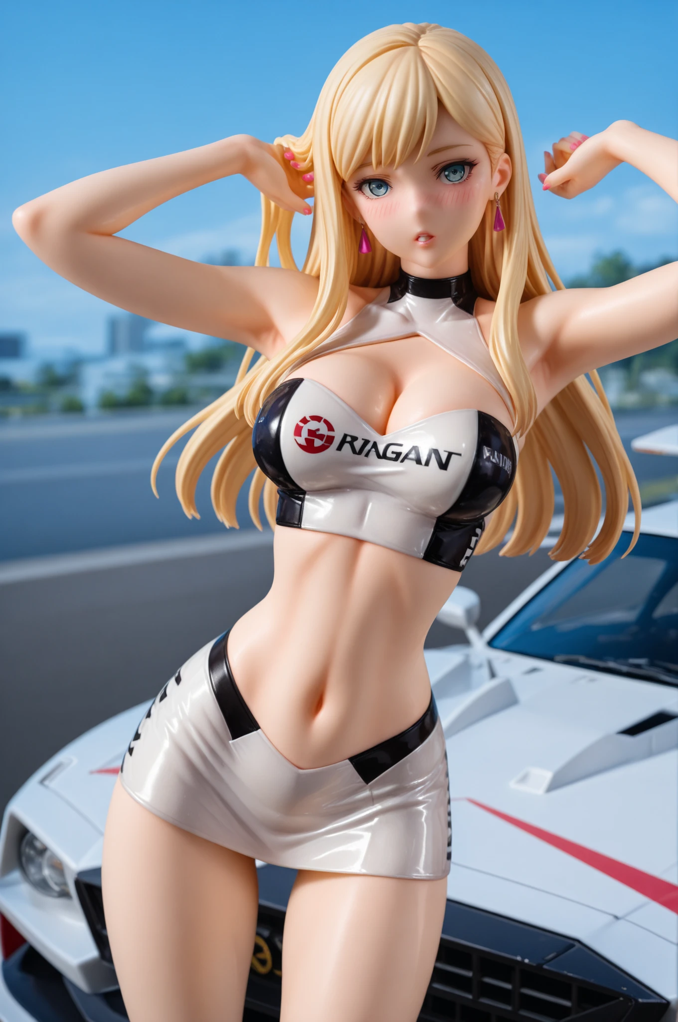 Highest quality、super high quality、16K, Breast size is random、Facial expressions are random、Location is random、 Hair color is silver hair、Pose standing、The distance is random、The angle is from the top、Small face、Very delicate facial expressions、Delicate eye depiction、Highly detailed hair、Erotic、18-year-old female、Glowing Skin、Soft Skin、Lower Body、The only sexy Japanese woman、topless、Race queen outfit random、