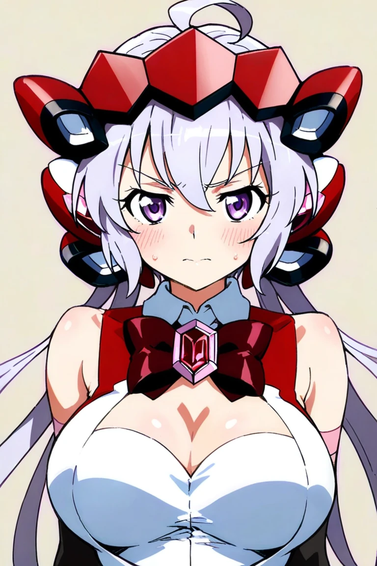 best quality, masterpiece, highres, solo, {yukine_chris_senkizesshousymphogear:1.15}, purple_eyes, long_hair, twintails, headgear, ahoge, breasts, 1girl, large_breasts, cleavage, purple_hair, bare_shoulders, medium_breasts