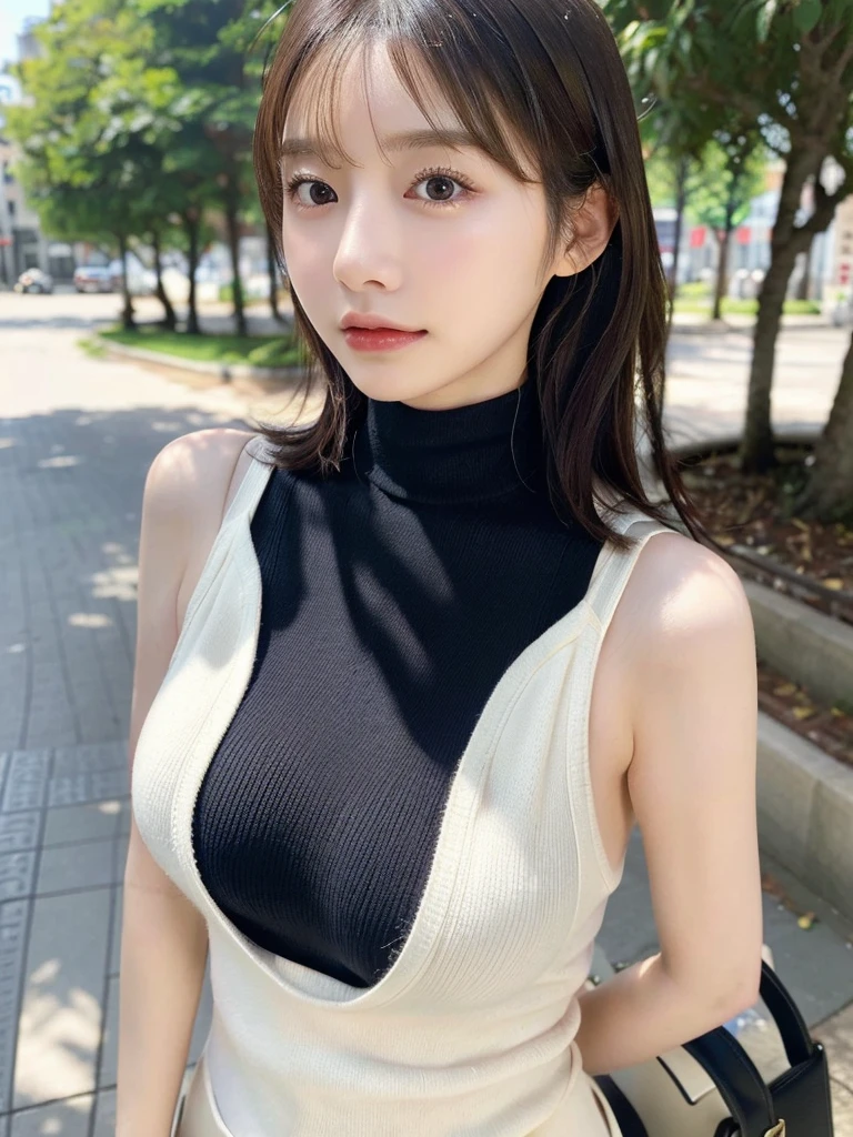 masutepiece, Best Quality, Photorealsitic, finely detail, hight resolution, 8K Wallpapers, Perfect dynamic composition, Beautiful detailed eyes, Medium Hair, large full breasts, Random and sexy poses,Bring your chest together、(Open Chest Mock Neck Crop Tank Top White Knitwear、Cleavage looks realistic)、(Breast bulge 1.2)、A smile、open open mouth、Resort scenery、25-years old、(Drooping eyes 1.4)、Adult beauty、japanes、Show the armpits、raise arms、
