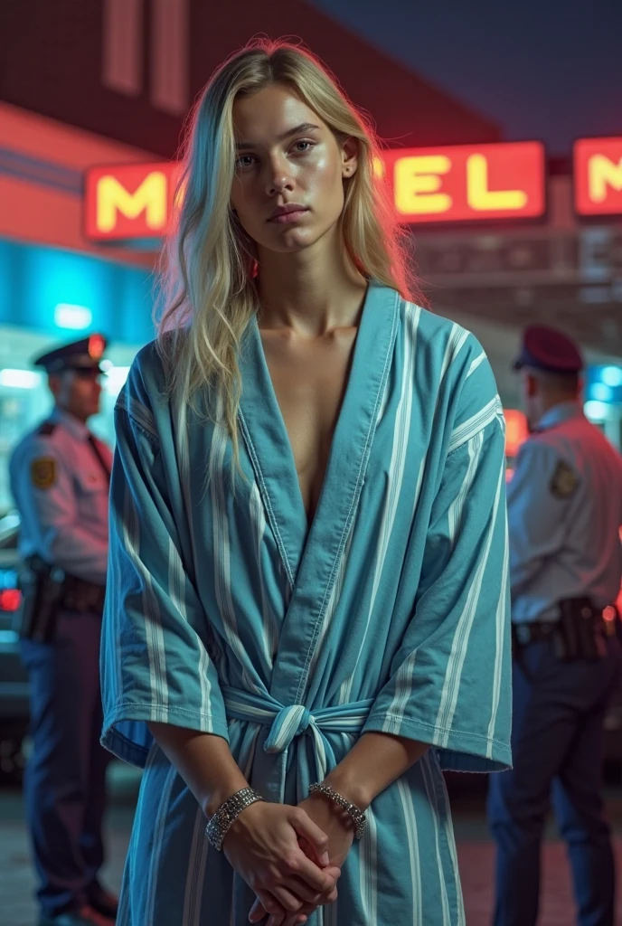 Neon noir, classic film noir style of <lora:Classic Film Noir style:1>
<lora:graphic novel style:0.55>
1980's Shelly Webster blonde choppy hair a woman in a floral robe posing naked In graphic novel style, Cyberpunk, dark, rainy streets, neon signs, high contrast, low light, vibrant, highly detailed