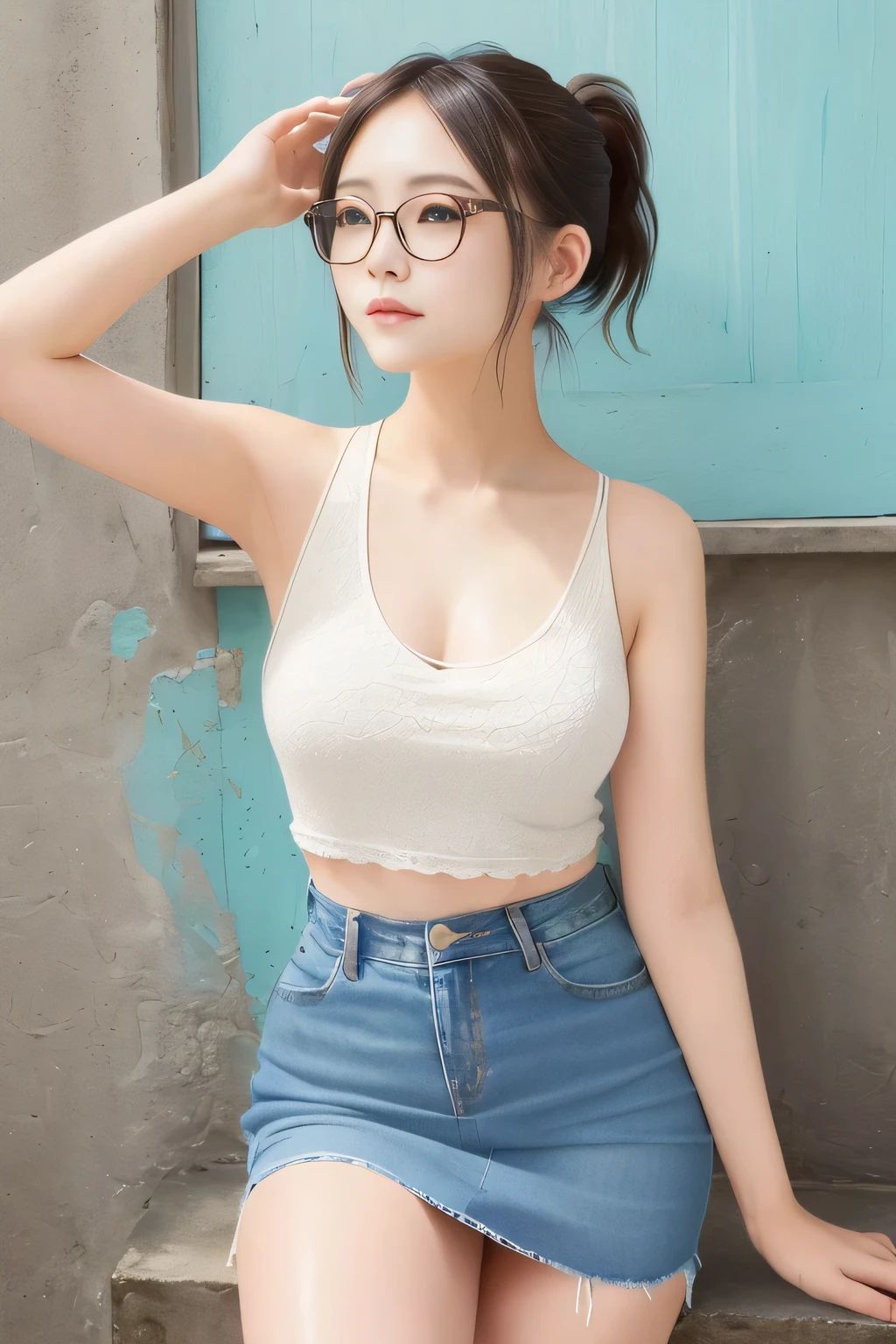 ((Best quality, masterpiece, detailed)), (RAW, 4k, hd images), shy, 1 girl, 18 years old, white skin, long hair, ponytail, layers hair, bangs, black hair, beautiful girl, cute girl, sweet girl, pretty girl, perfect girl, perfect eyes, pretty eyes, blue eyes, thin lips, thin, (eye line, lip stick soft), perfect , glasses(detailed frame), indoors, smile, thigh, white sport tank top, blue short pants, standing
