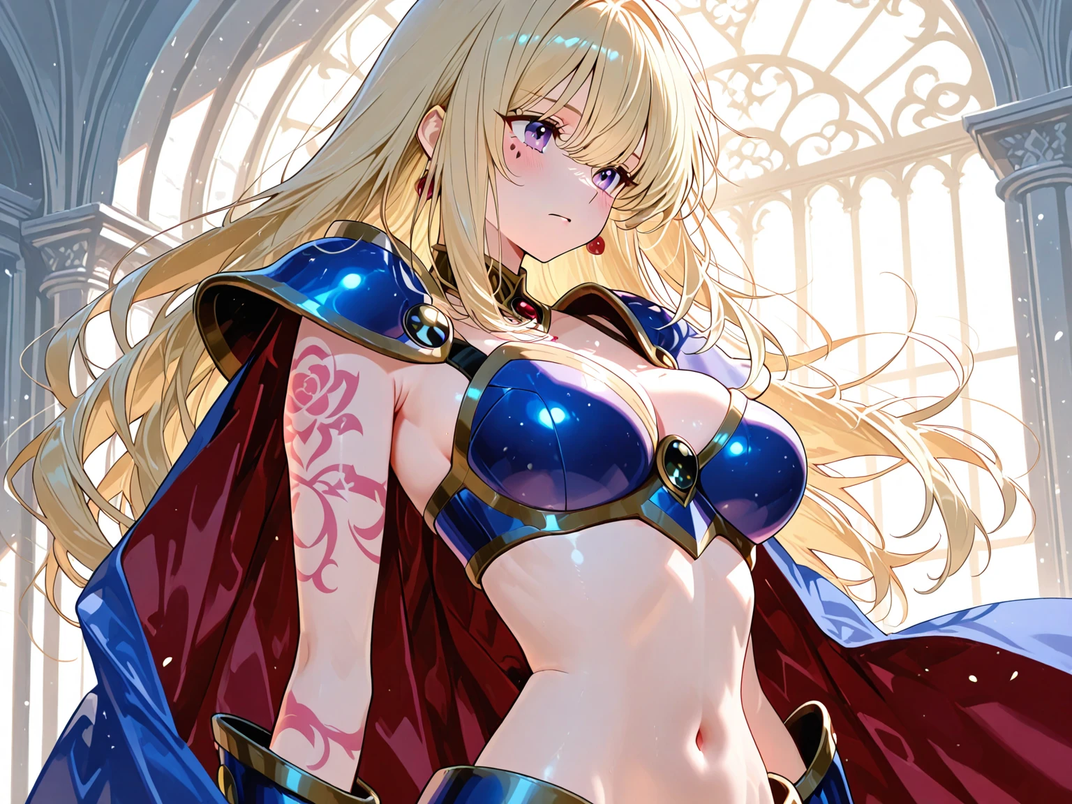 masterpiece、highest quality、Ultra-high resolution、Maximum resolution、Very detailed、Professional Lighting、anime、Adult women、thin、so beautiful、Beautiful eyes、Close your eyes、Beautiful face、Long blonde、Feather hair ornament、Blue breastplate、White mini skirt、Red panties、Red high heel boots、Long gloves in white、Red cloak、Belly button、A dynamic fighting pose、smile