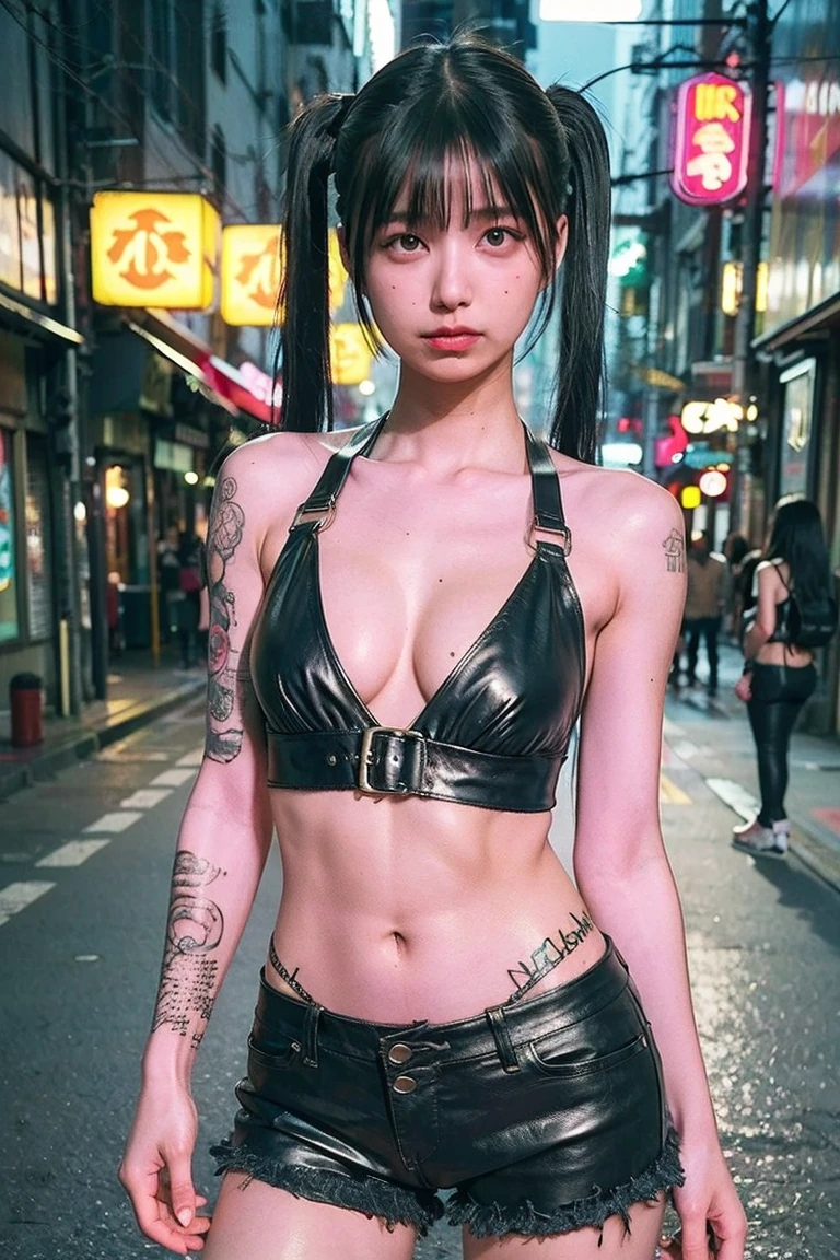 ((Jinx in Harajuku tech wear), (Fisheye lenses), Selfie, Cowboy shooting, Wind, messy hair, Cyberpunk cityscape, (Aesthetics and atmosphere:1.2),微lol, lol,Wide-angle lens