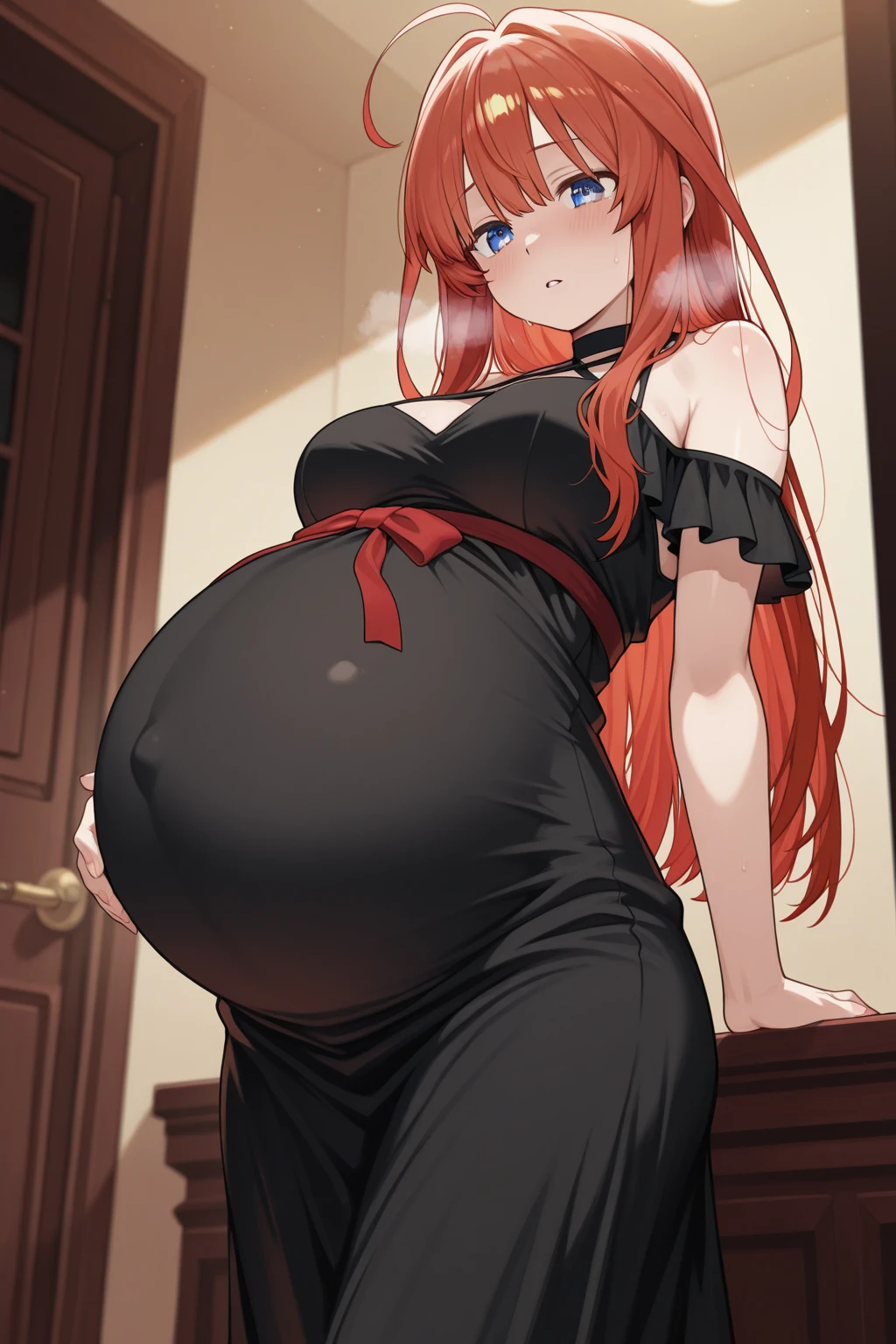 Pregnant, tight sky blue dress, long red hair, sexy