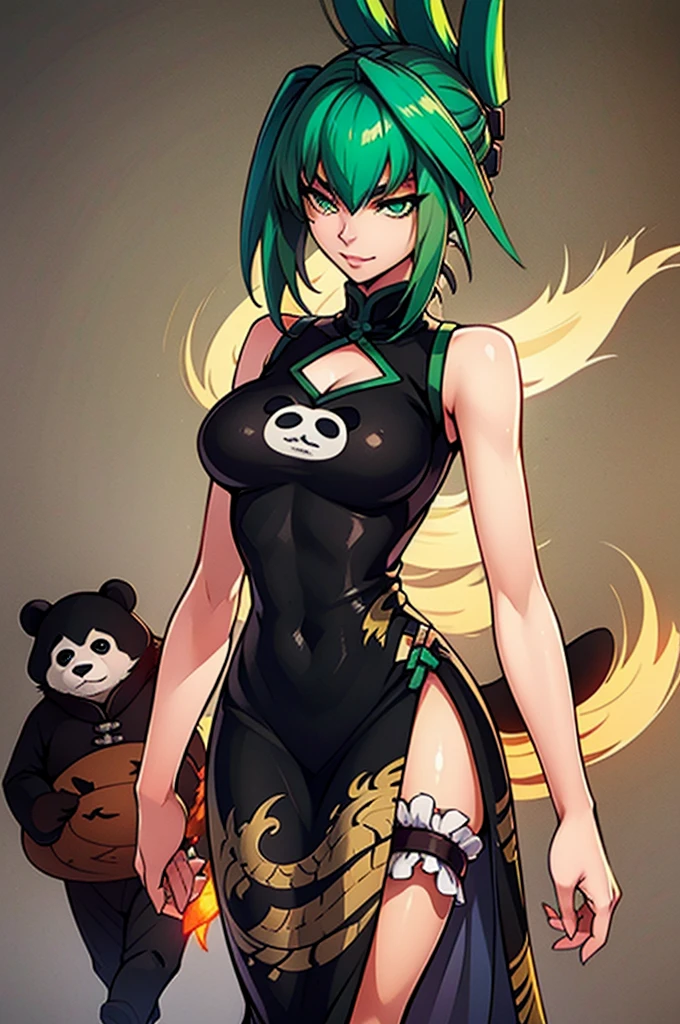 (masterpiece, best quality), 1girls, beautiful face,  jun tao, (green eyes:1.5), green hair, hair between eyes, animal print, bear print, black dress, china dress, chinese clothes, dress, air, hip vent, panda print, side slit, sleeveless, sleeveless dress, thigh strap,