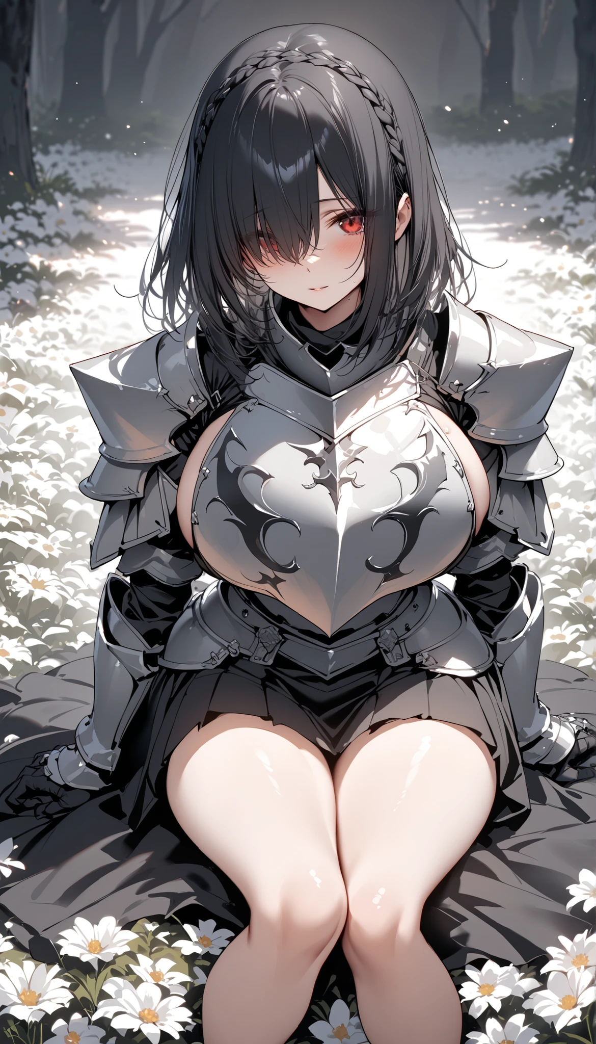 female knight　Silver Armor　Large sword　Black Hair　tiara　Beautiful breasts　Shortcuts　Torn white miniskirt　No underwear　Torn white tights　battlefield　snow　Bleeding　injury　Holding back tears
